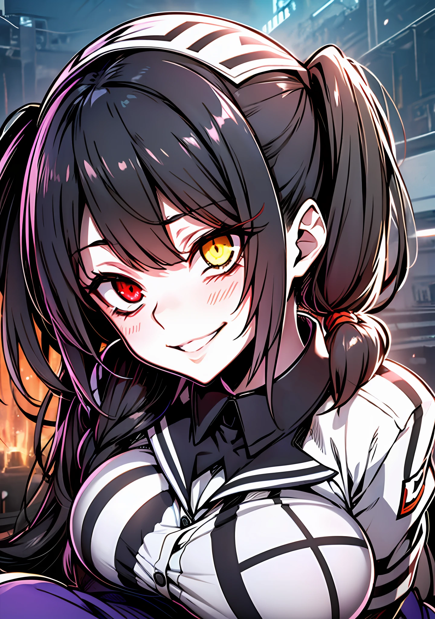 Masterpiece, high quality, ultra quality, best lighting, 1girl, ((tokisaki kurumi)), long hair, black hair, (((low twintails))), monochrome, ((right red eye:1, left yellow eye:1)), nun uniform, nun cosplay, ((super short skirt)), ((big breast)), ((big thigh)), smile, blush, cute face, ((gesugao face)), sitting, sexy body, sexy, looking at viewer, large the breast, nsfw, rainbow in the sky