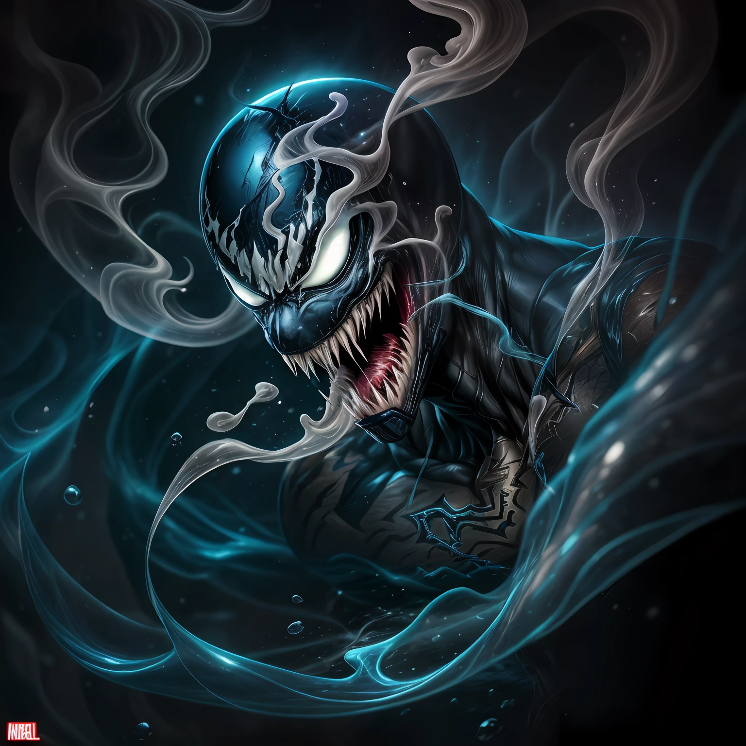 close up, Venom из Marvel Comics, Ghost, Dark, gotik, 3d, Ultra Detailed, blue transparent smoke around, realistic style, Old Night Pond, full - body,