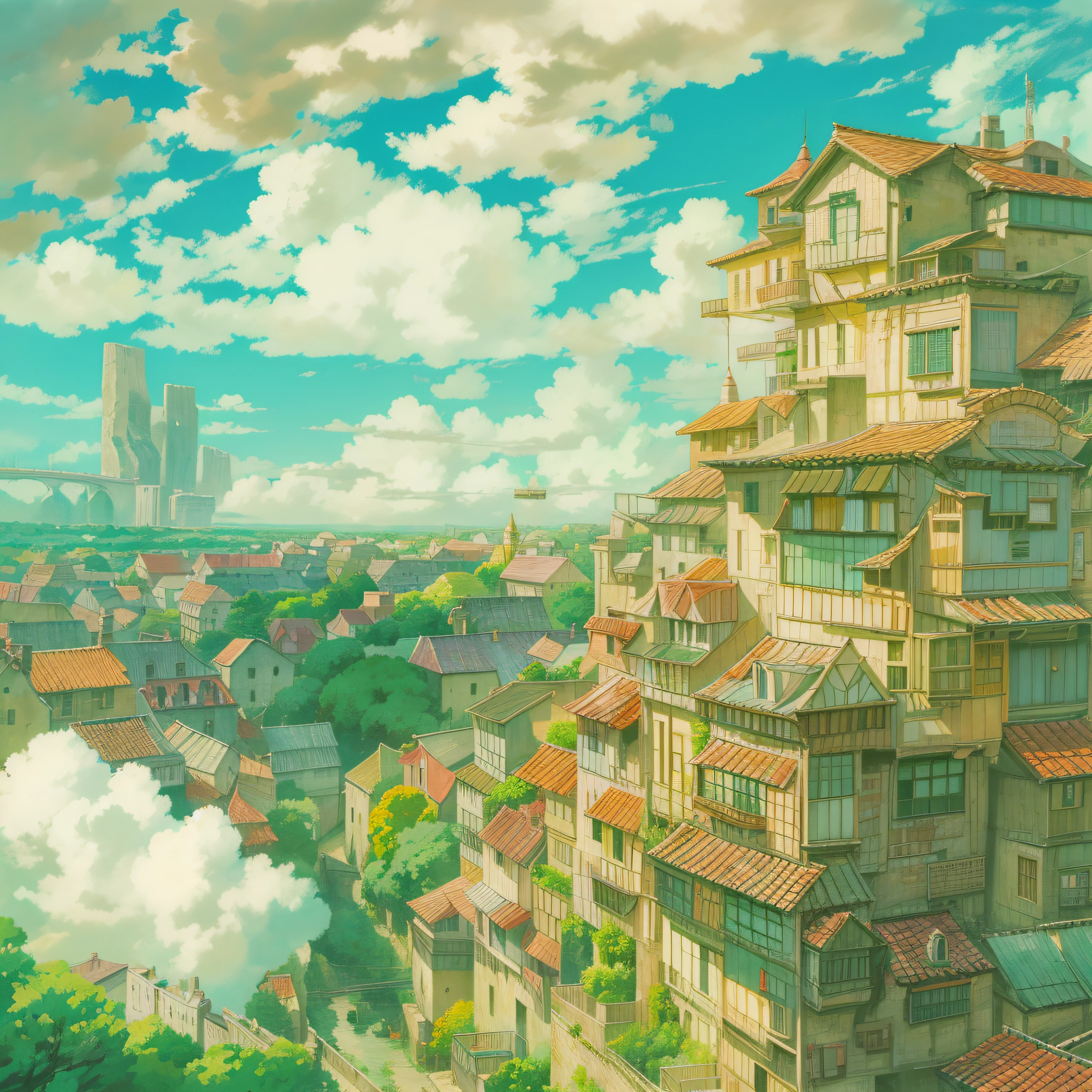 animesque、Skyscape with clouds、Landscape without buildings、You can see the touch of the brush、Studio Ghibli、Ghibli、Scenery、Style、Golden Time、sky line