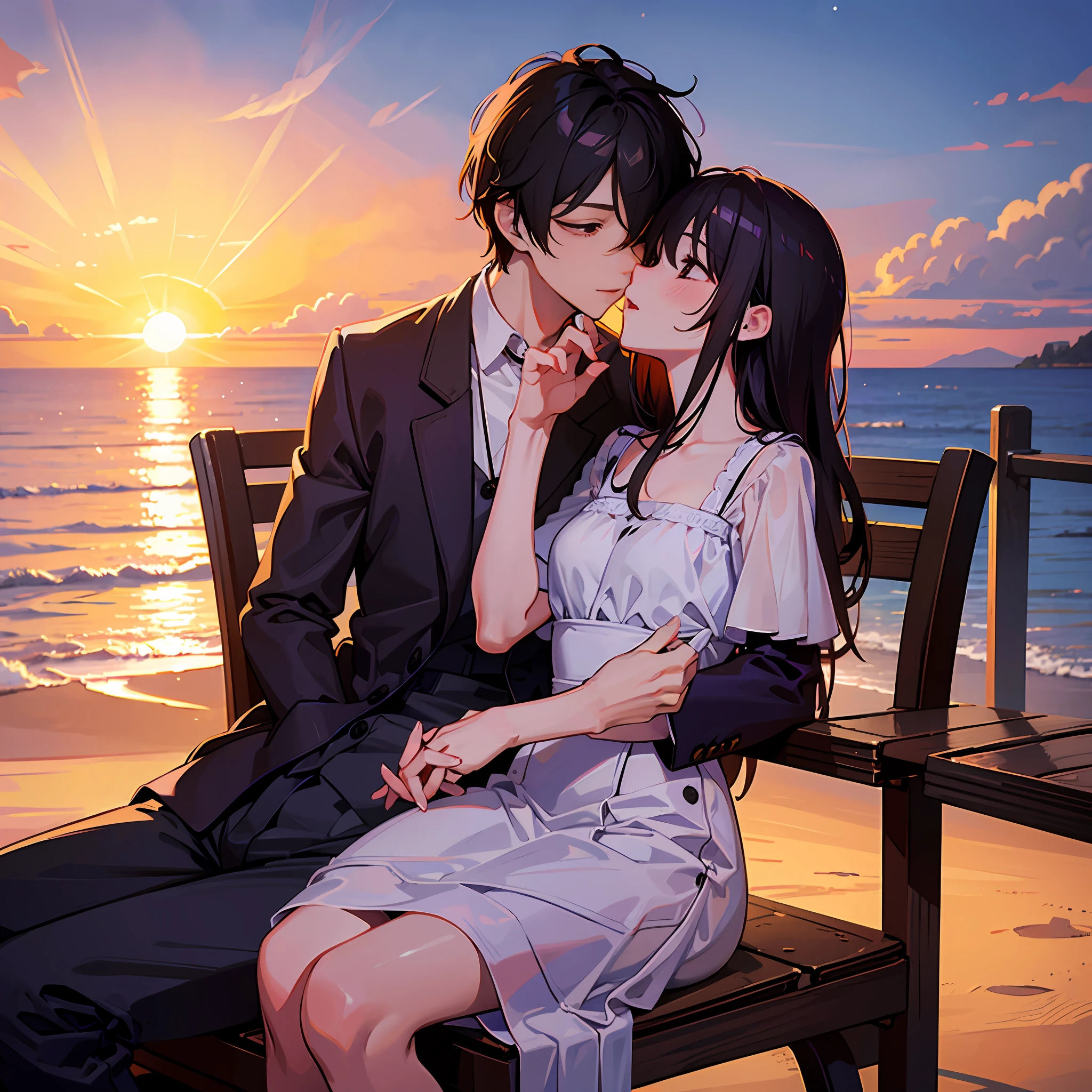 Boy and girl sitting in chairs by the sea,Facing the sea,Under the setting sun,Affectionate kissing,Live-action