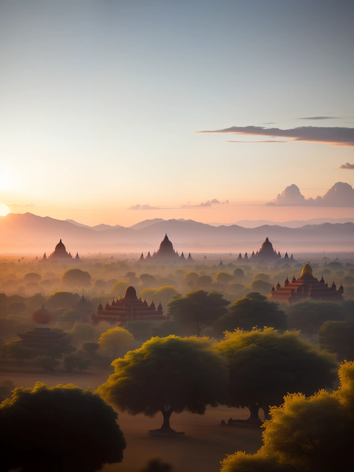 Beautiful Bagan landscape, UHD, 4k, highly detailed peaceful land, golden ratio, intricate textures, (theatre lighting; 0.7), (white tint: 0.8), (blue tint: 0.5), (pink tint: 0.6), (aqua tint: 0.5), (yellow tint: 0.4), masterpiece, RAW photo, (Bagan pagoda), Palm trees, sunset, fantasy image, highly detailed realistic clouds, in the distance Only mountains,View from hight temple