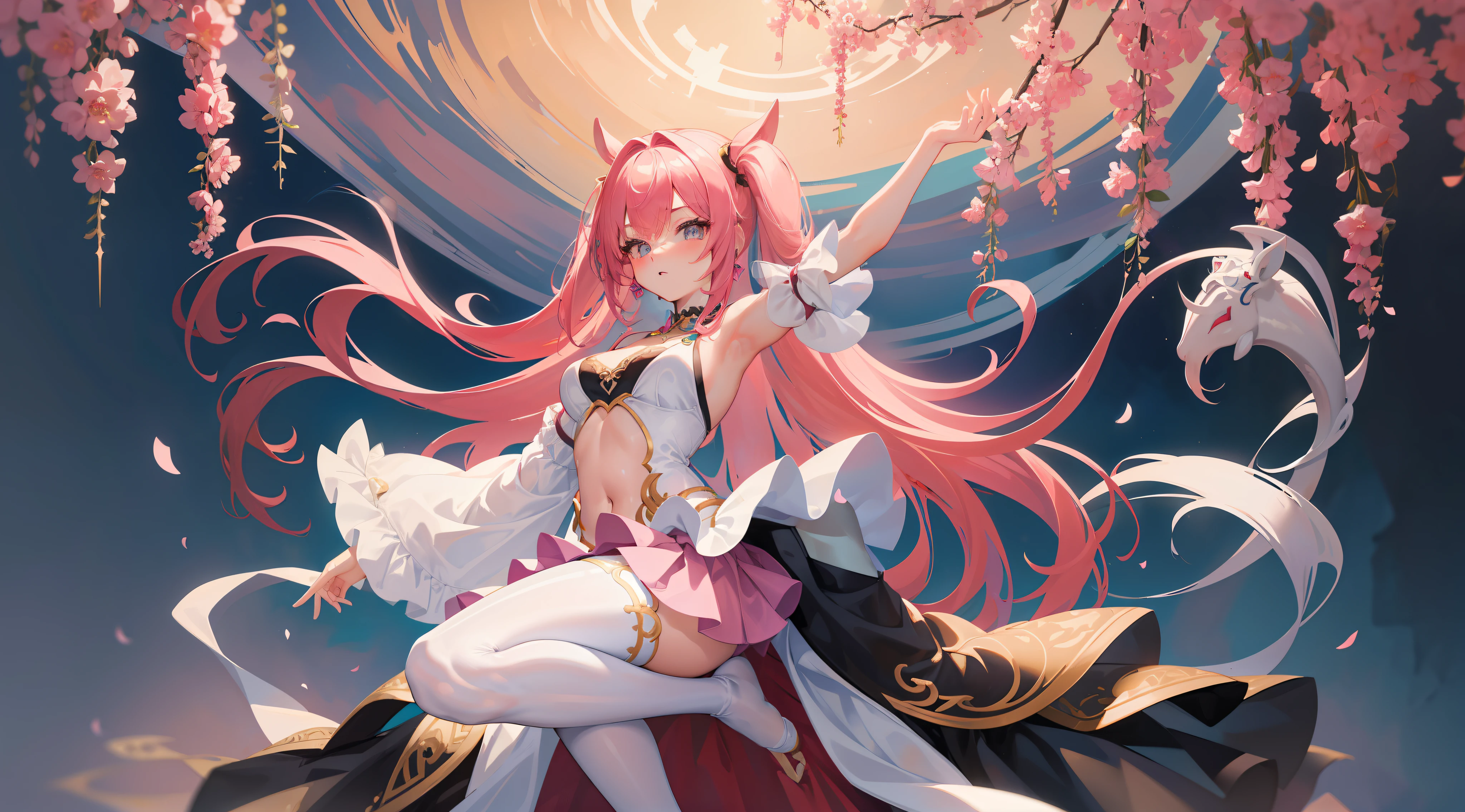 16k, hyper HD, retinas, Masterpiece, ccurate, Anatomically correct, High details, Best quality, High quality, A high resolution，Pink hair,shairband，hair adornments，dual horsetail，Sleeveless dress，short  skirt，Hosiery，White tights，In the daytime，Long hair and medium breasts，Brilliant，opulent，first person，illustration，quadratic element，Open navel，big assa，cropped shoulders，white  panties，cosplay，Asia face，16 yaers old，teens girl，Long legs，lacepantyhose，full bodyesbian，Barefoot，Open skirt bottom，White dress，The bottom of the flirt dress