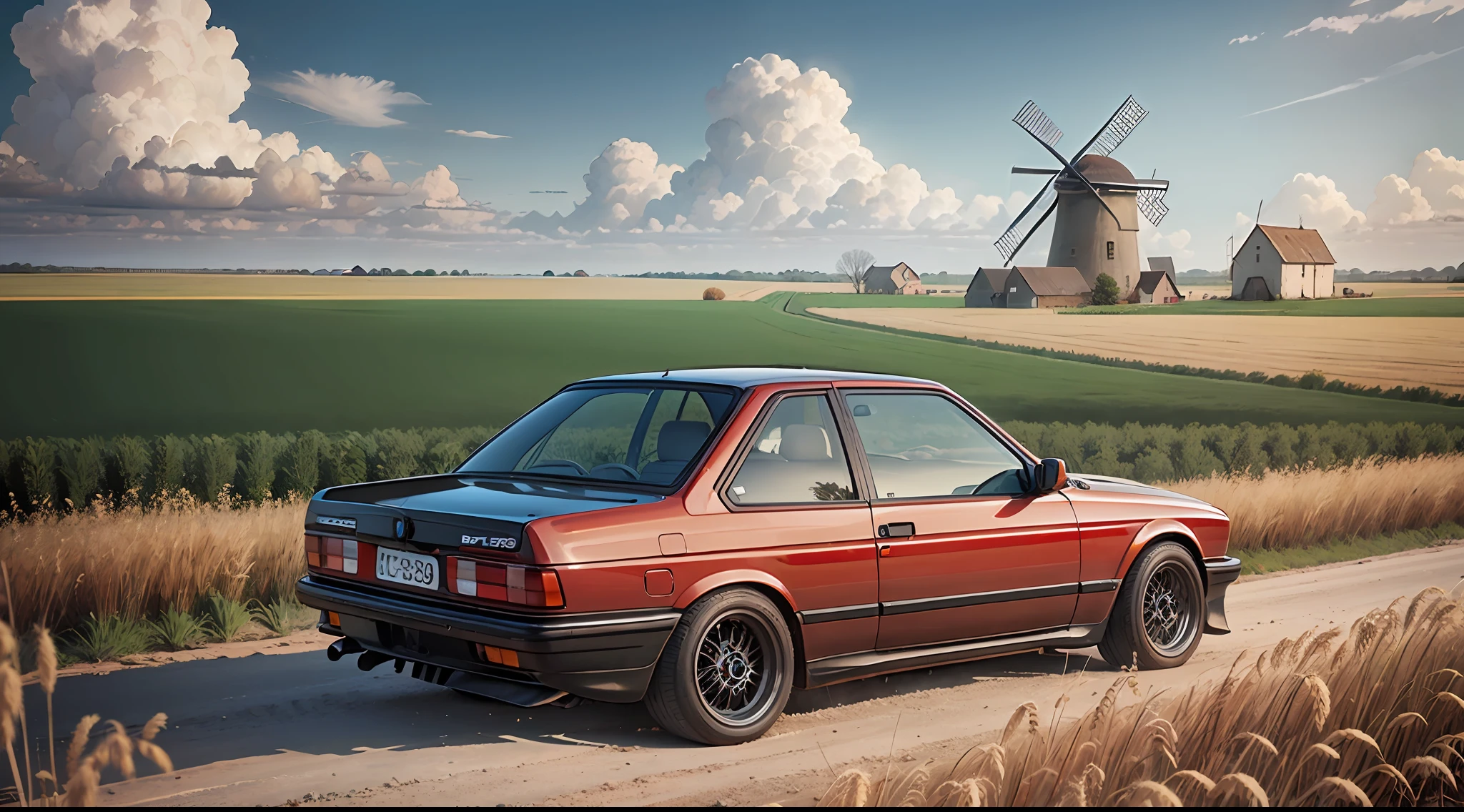 old red BMW e30 car, dirt road, wheat field, old windmill, sunny, clouds