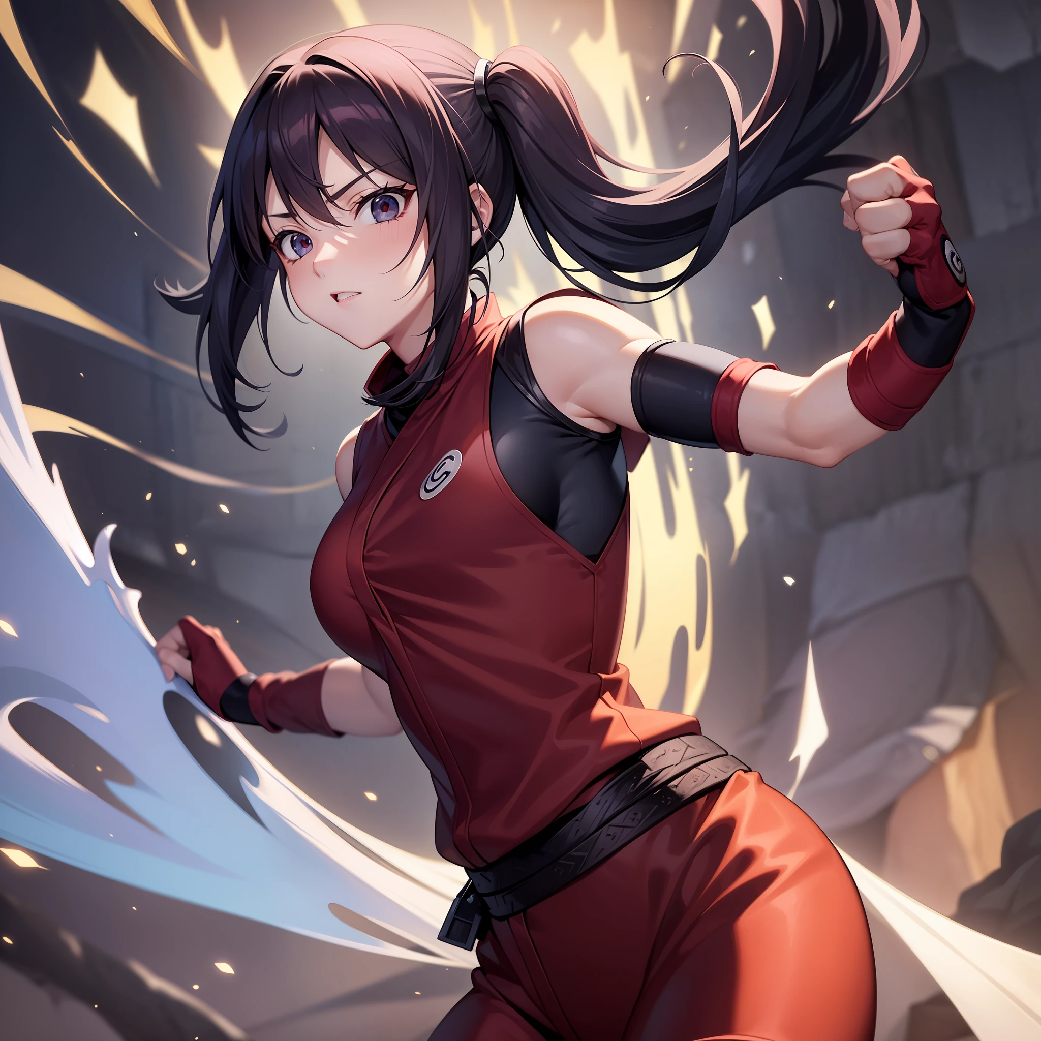 (((Kunoichi de Kumogakure, Vila Oculta da Nuvem))) Hiyori Karyū using the body technique (((Punho Divergente))) a powerful taijutsu perfected through generations within the Karyū Clan that allows you to store an immense amount of chakra directly in the fist. Por meio do chakra acumulado, The blow creates a spatial distortion when the user hits a punch on their target, seu chakra flui e faz um segundo impacto mais forte. Throwing the opponent for hundreds of meters, quebrando seus ossos, lots of action, (detailedfacialfeatures),
fundo detalhado intrincado, sonhador, anime, trend in Naruto anime, disco Rigido, ((Directed by: Masashi Kishimoto))):1.8, atmosfera, luminosidade, frontlighting