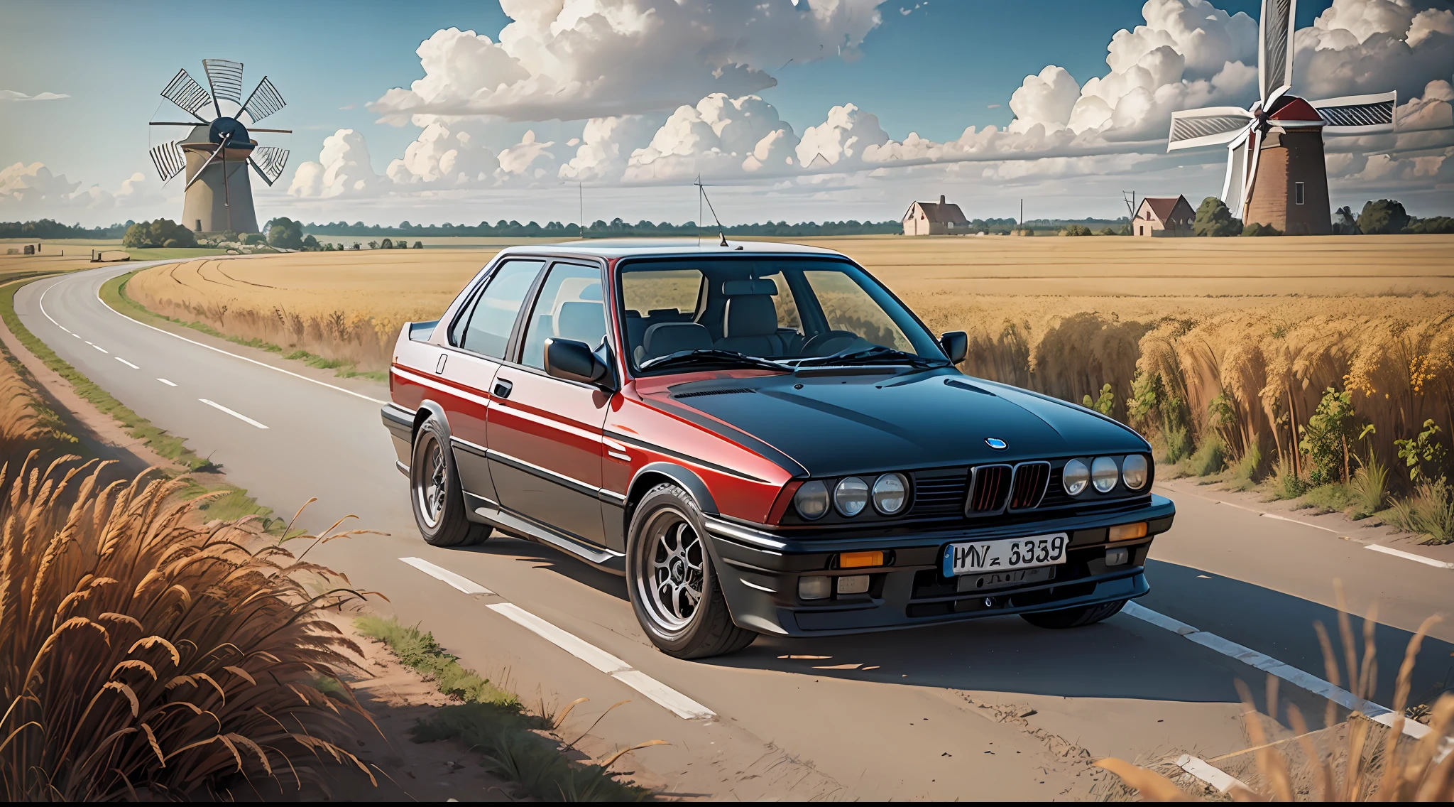old red BMW e30 car, dirt road, wheat field, old windmill, sunny, clouds