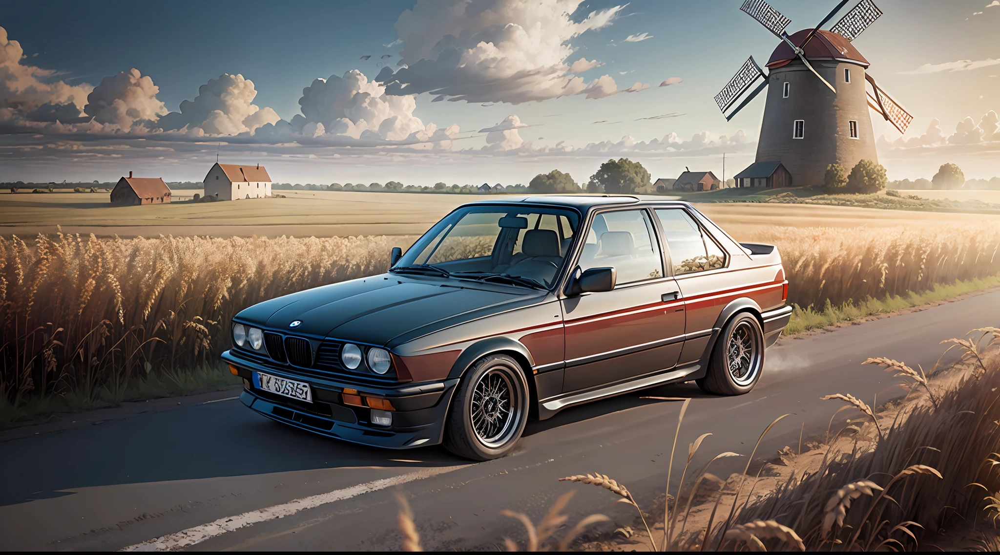 old red BMW e30 car, dirt road, wheat field, old windmill, sunny, clouds