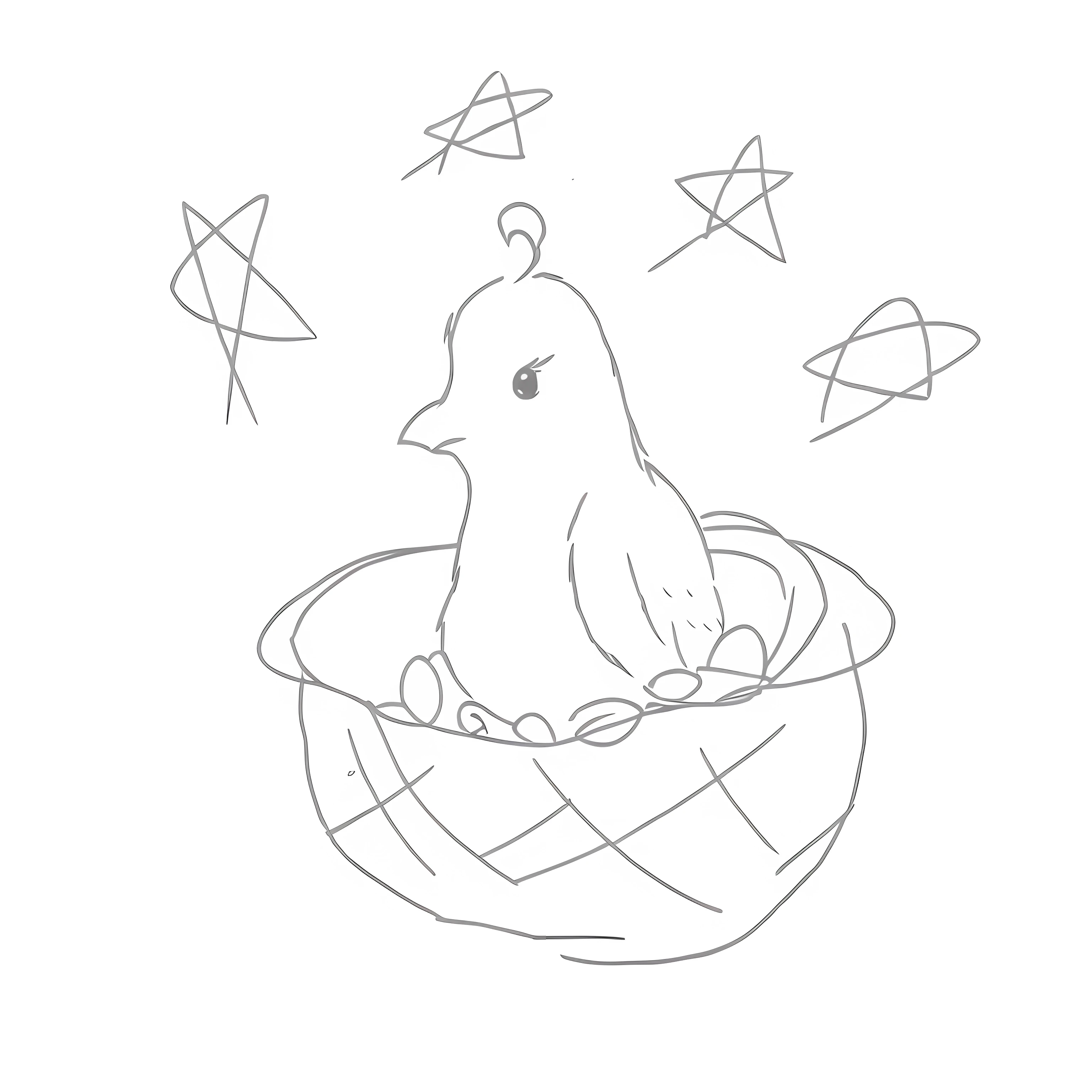 A painting of a bird sitting in a basket with stars, birb, hatching, in a nest, with an easter basket, detailed hatching, pidgey, anthropomorphized chicken, inspired by Shūbun Tenshō, surrealistic bird, contour hatching, Simple lines of art, Line sketch, he has a big egg