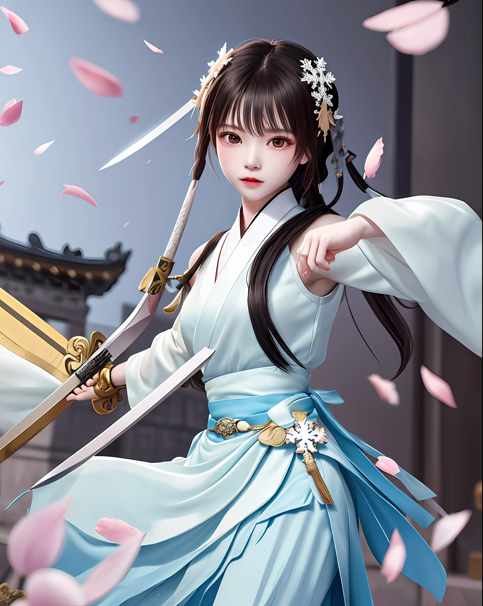 Snowflake petals fly in the air,The -yeld wo is fighting with a long sword,Sharp eyes,The background is blurred out,white hanfu,wielding longsword,The background is an ancient temple,Photographic portraits,martial arts style,电影灯光,