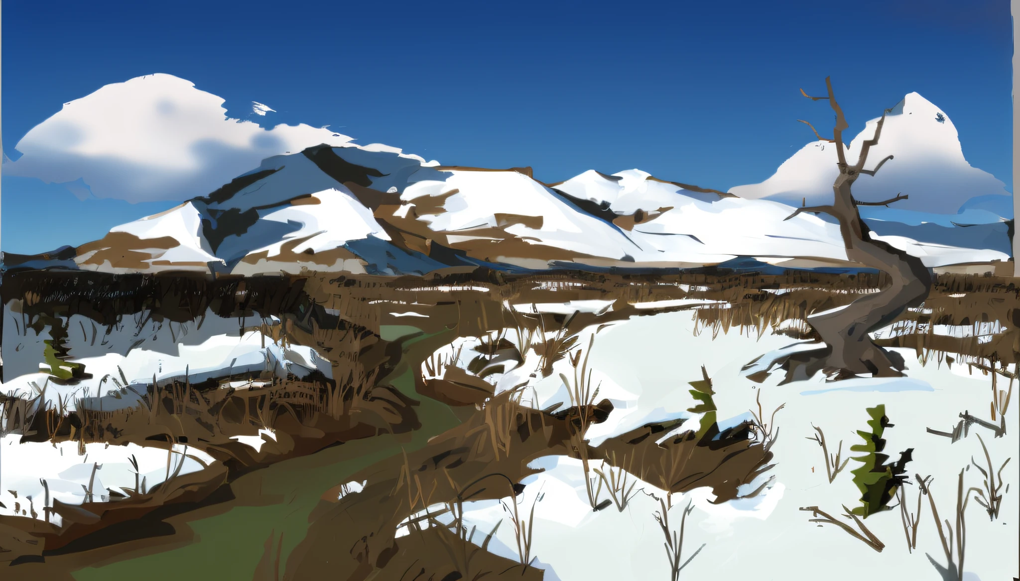 snowy landscape with a stream and a mountain in the background, snowy plains, icey tundra background, environment design illustration, snowy environment, environment painting, digital landscape art, snow wasteland, detailed scenery —width 672, winter concept art, scenery game concept art, barren tundra, environment concept art, landscape illustration, tundra, wide establishing shot, gouache matte painting