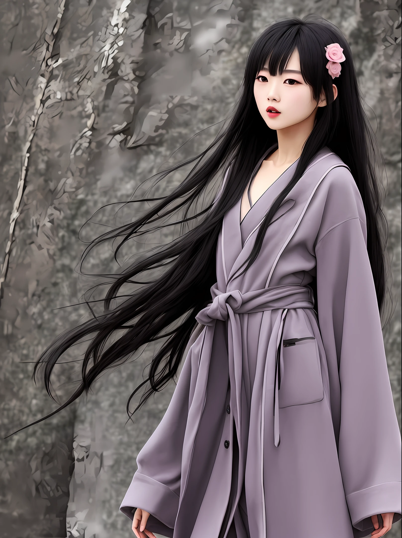 Wearing a robe made of pure black yarn。Liu Jiayi, who was half veiled by the wind, was standing in some behemoth using poison，The action is fierce and crisp，The corners of his mouth turned up childishly，Looks playful and naïve。Long black hair、Round face、Big eyes、Bright nose、Pink lips、The figure is neither fat nor thin。Overall，She looks especially cute