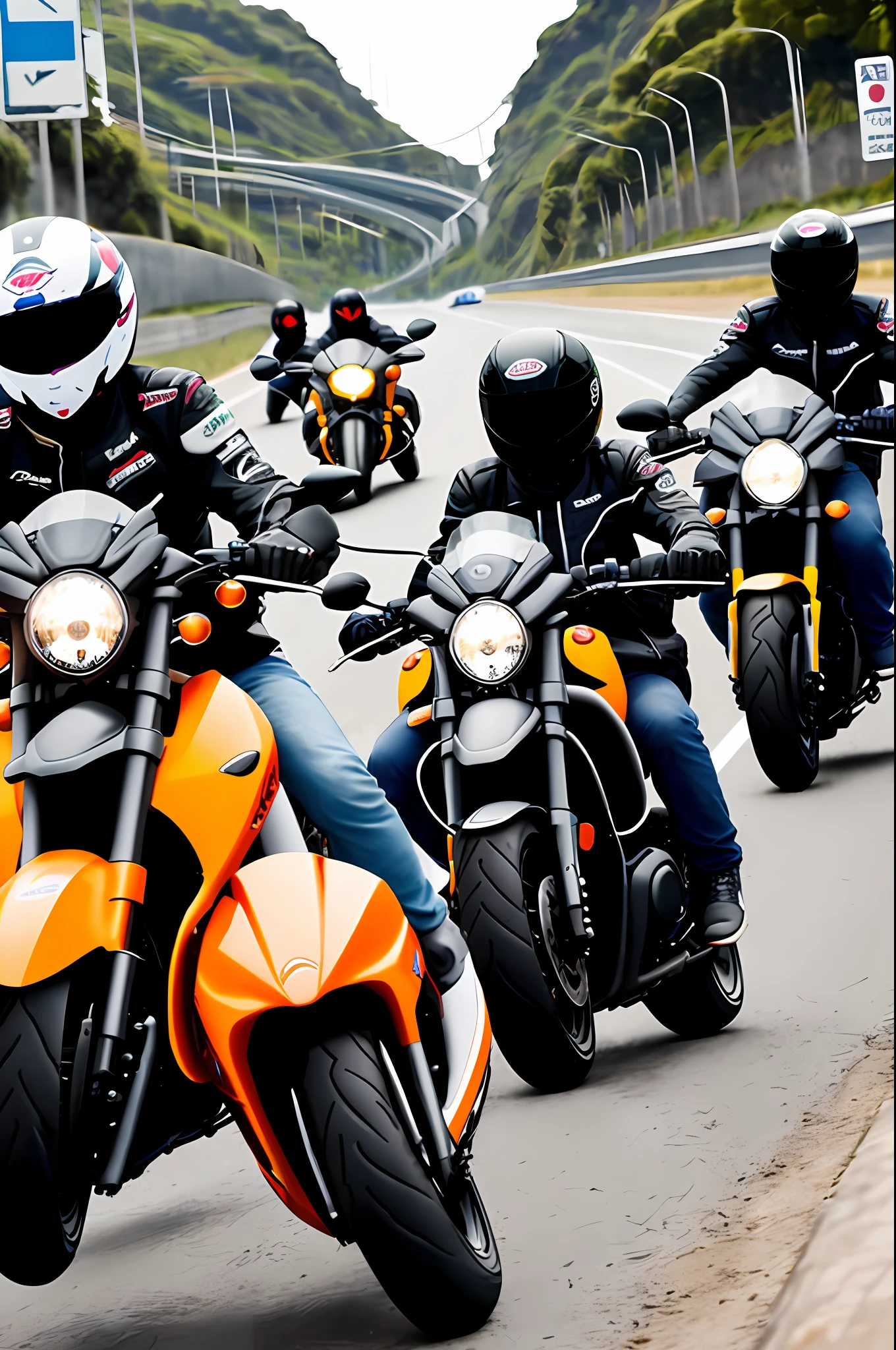 Jovens rebeldes cabeludos correndo de moto numa cidade futurista