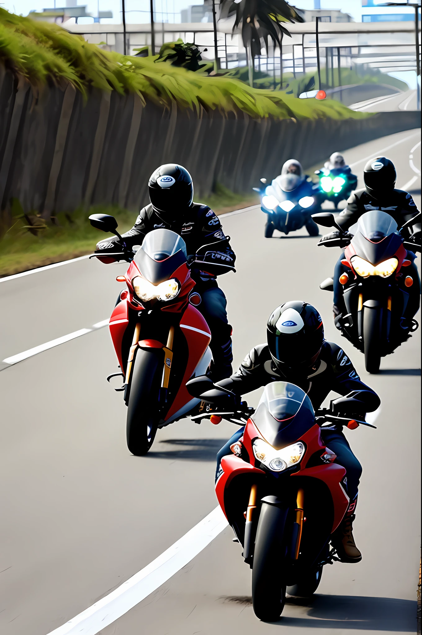 Jovens rebeldes cabeludos correndo de moto numa cidade futurista