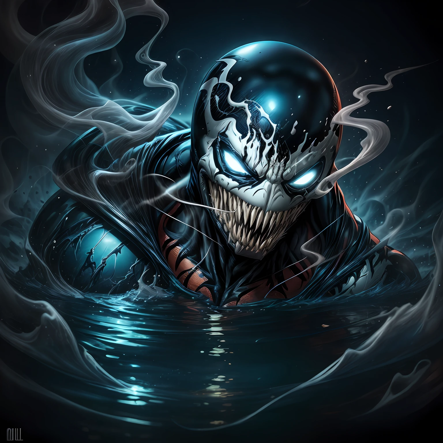 close up, Venom из Marvel Comics, Ghost, Dark, gotik, 3d, Ultra Detailed, blue transparent smoke around, realistic style, Old Night Pond, full - body,