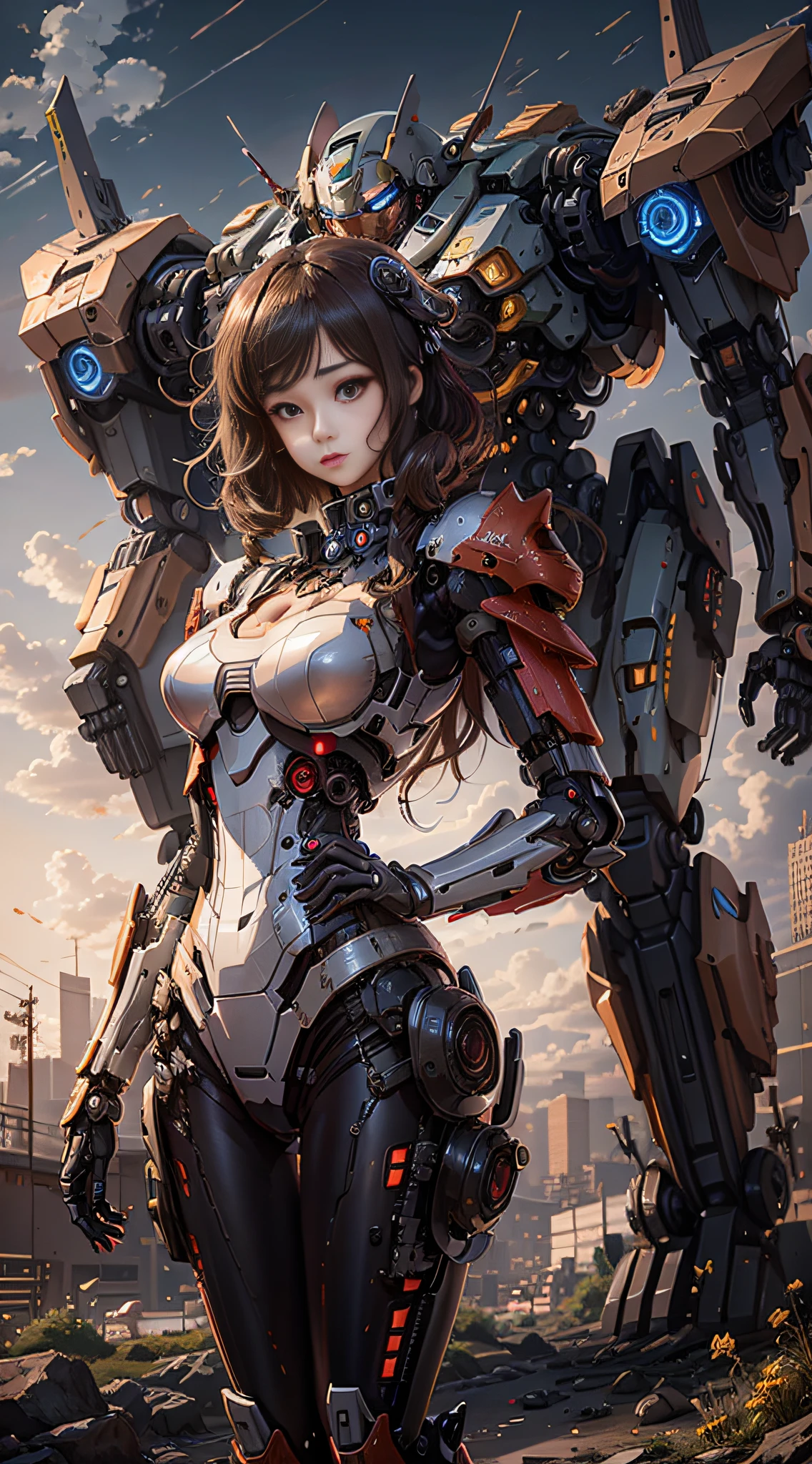 Anime girl in mecha suit, anime girl mecha, digital cyberpunk anime art, 8 k, mecha network armor girl, beautiful face, psychedelic details, (war area background)