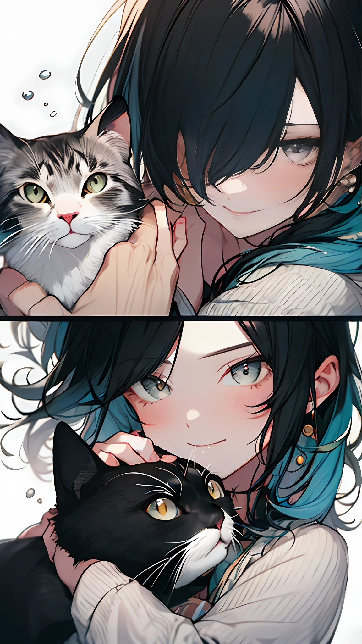 Close-up of a woman with black hair and a black and white cat,Belle peinture de personnage,Cute cat cat,Splash ink,Epic and beautiful character art,Stunning character art,Richer colors