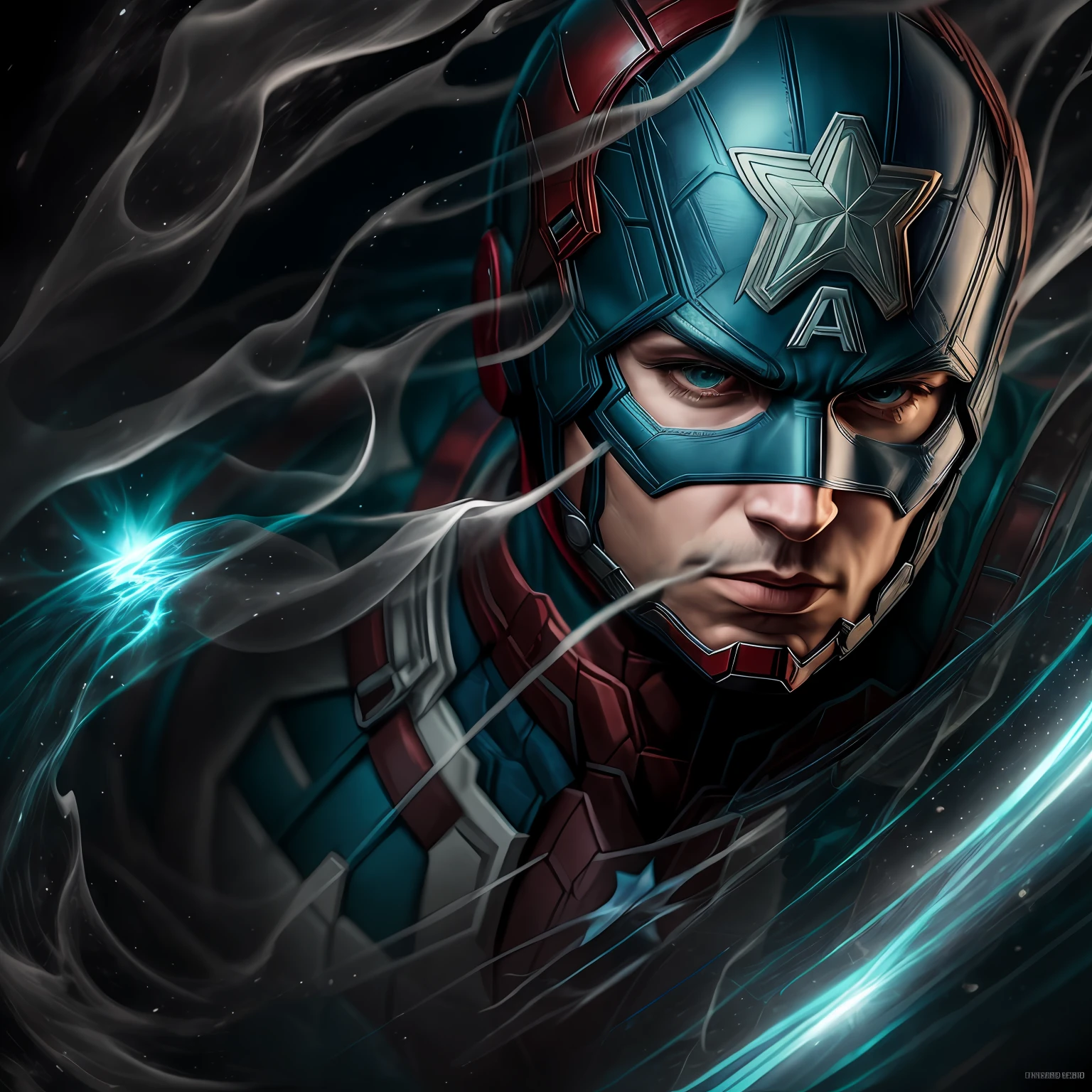 close up, Captain America из Marvel Comics, Ghost, Dark, gotik, 3d, Ultra Detailed, blue transparent smoke around, realistic style, Old Night Pond, full - body,