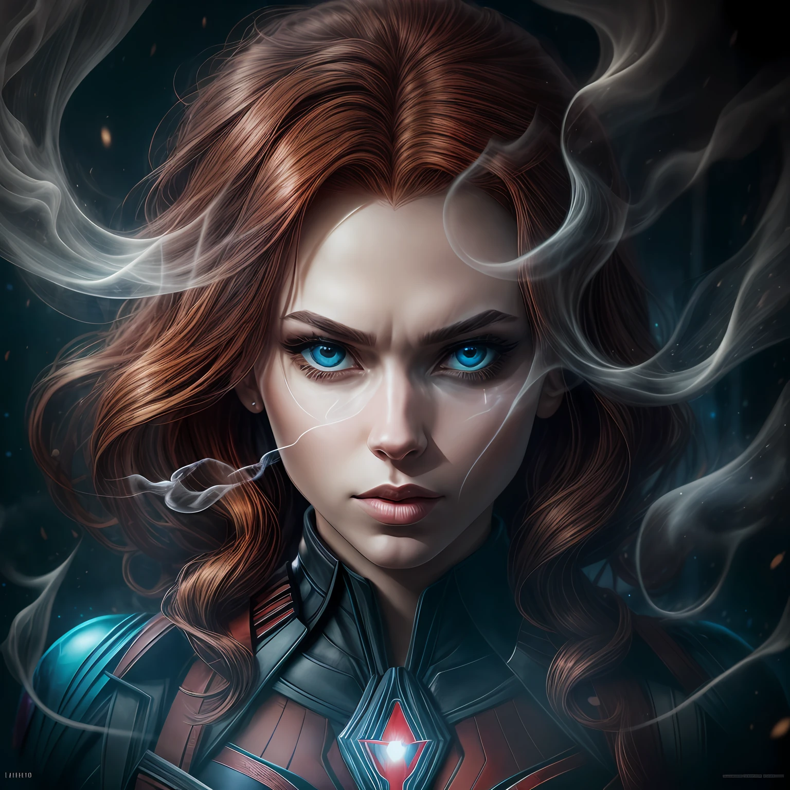 close up, Black Widow из Marvel Comics, Ghost, Dark, gotik, 3d, Ultra Detailed, blue transparent smoke around, realistic style, Old Night Pond, full - body,