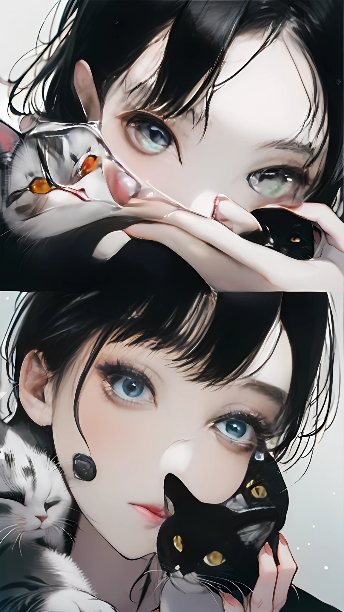 Close-up of a woman with black hair and a black and white cat,Belle peinture de personnage,Cute cat cat,Splash ink,Epic and beautiful character art,Stunning character art,Richer colors