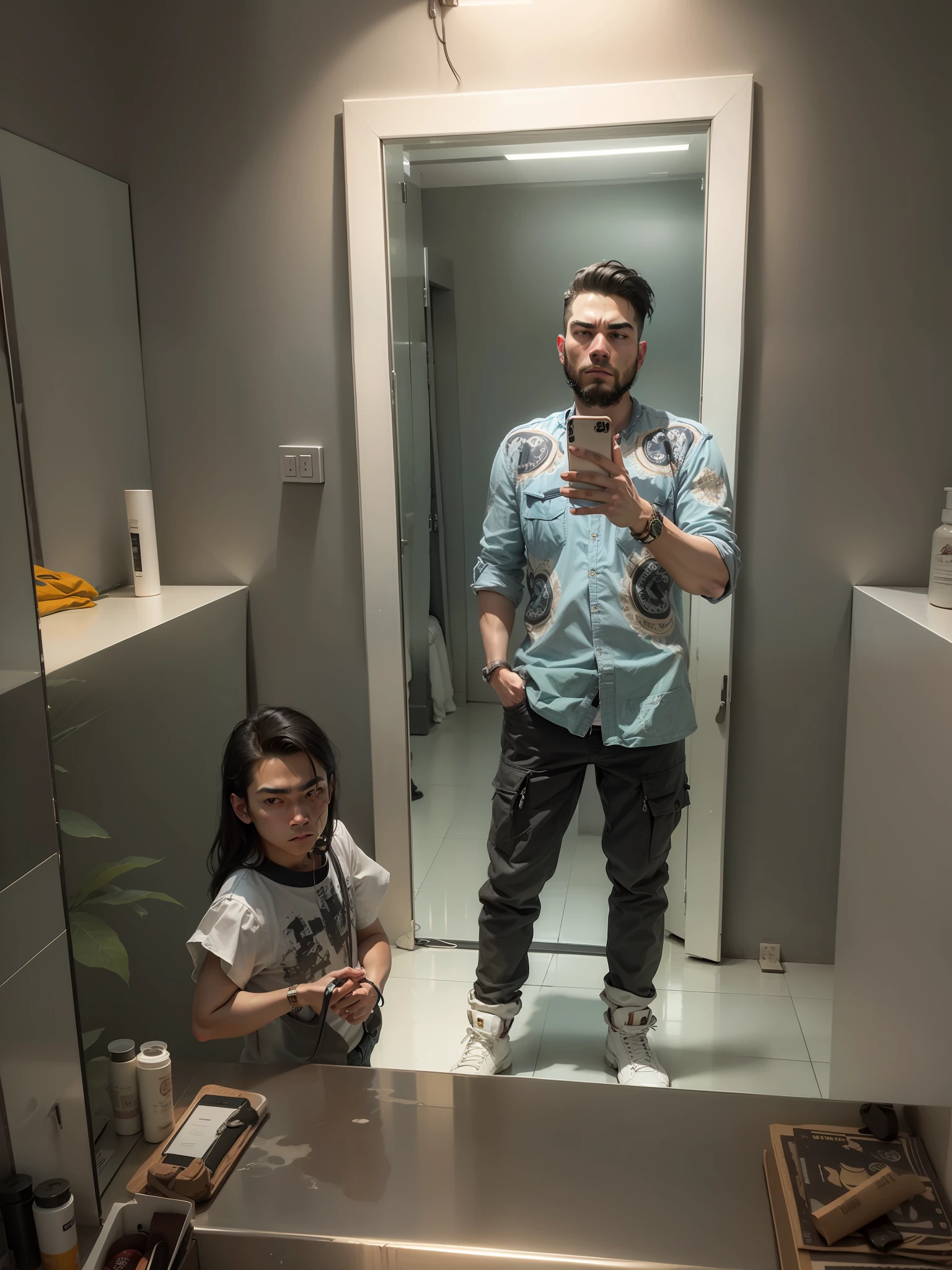 Exact realistic face, mirror selfie, man in attitude