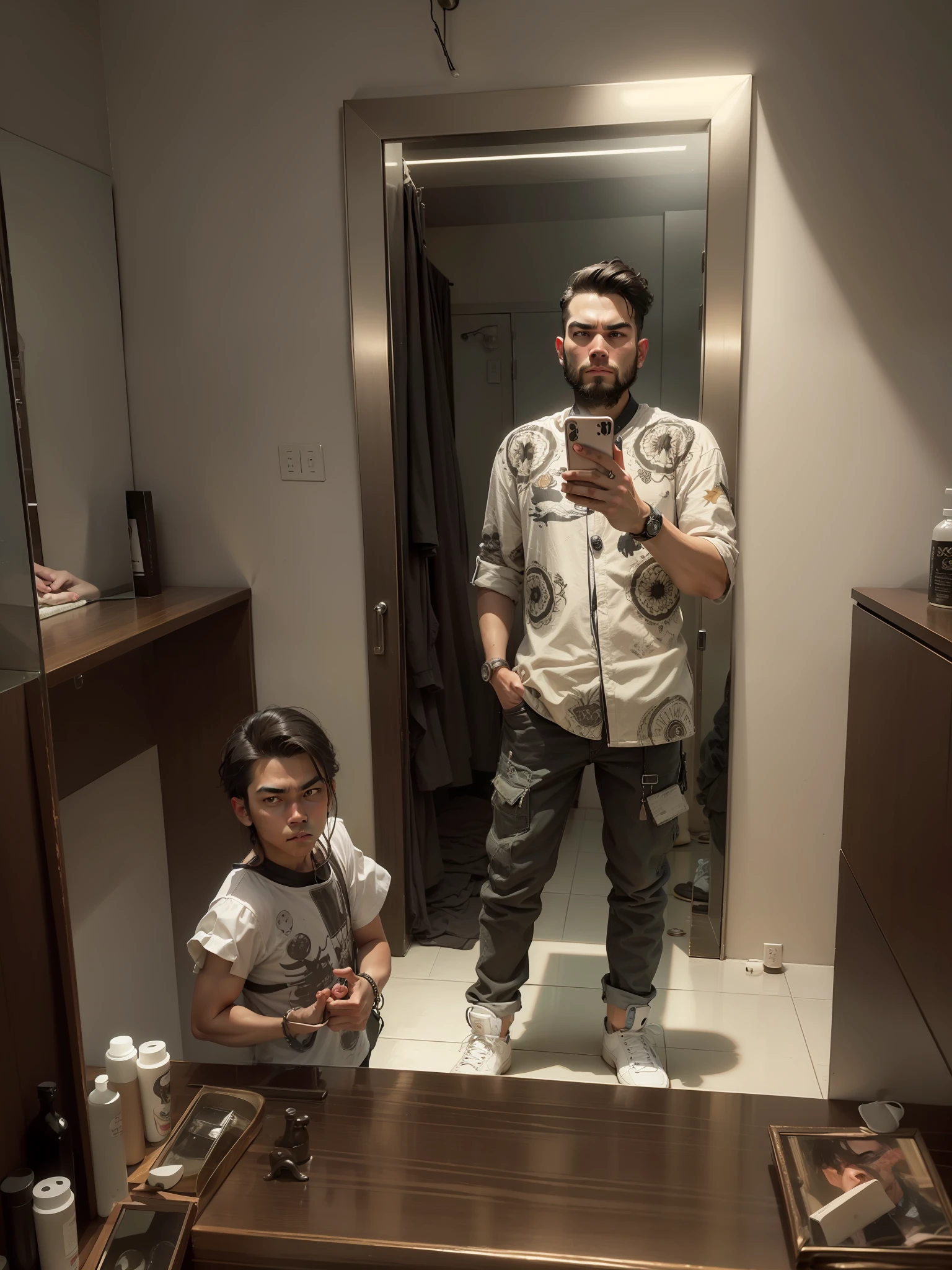 Exact realistic face, mirror selfie, man in attitude