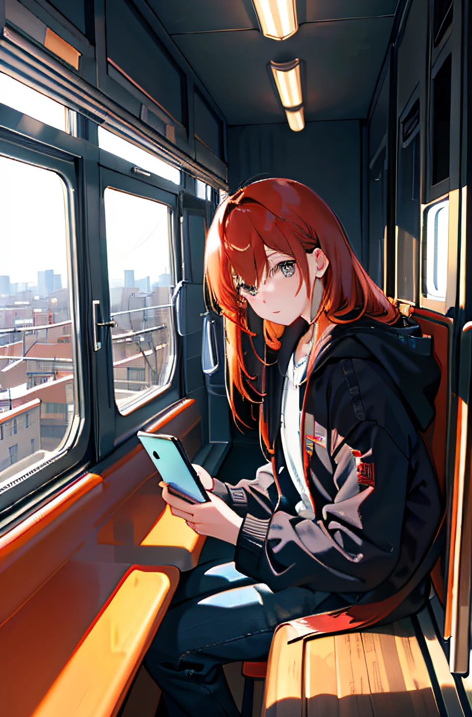 (Masterpiece, Side light, very detailed , Fine details Beautiful eyes:1.2, Comic storyboard, A story, Comic storyboard), 1 girl, bag, sitting down, architecture, From the side Side, Earphone, Hood, masked,See the view hoodie, Jacket, Long hair, Sit on the train, Look out the window,Orange hair, Silhouette, Look at the red hair outside the window, Solo, Train, Train interior, Sit and look at your phone, Masterpiece, Best quality。