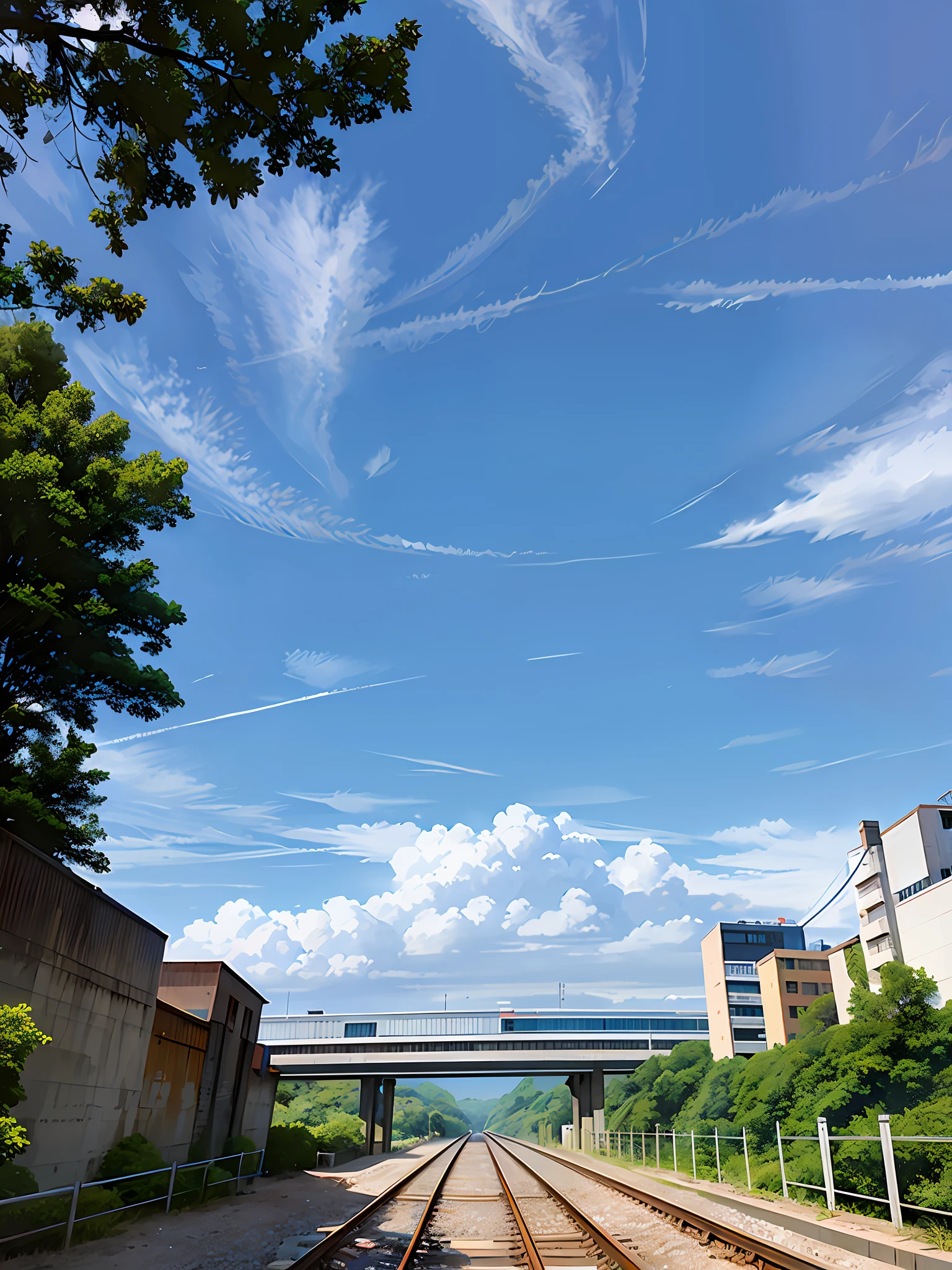 There is a train track running under the blue sky, there is blue sky, panorama view of the sky, Anime Sky, the sky is beautiful and clear, dynamic blue sky, clear beautiful sky, Summer sky, visible sky and humid atmosphere, wide angle photo, perspective sky, partly cloudy sky, Blue sky overhead, sky in background --auto