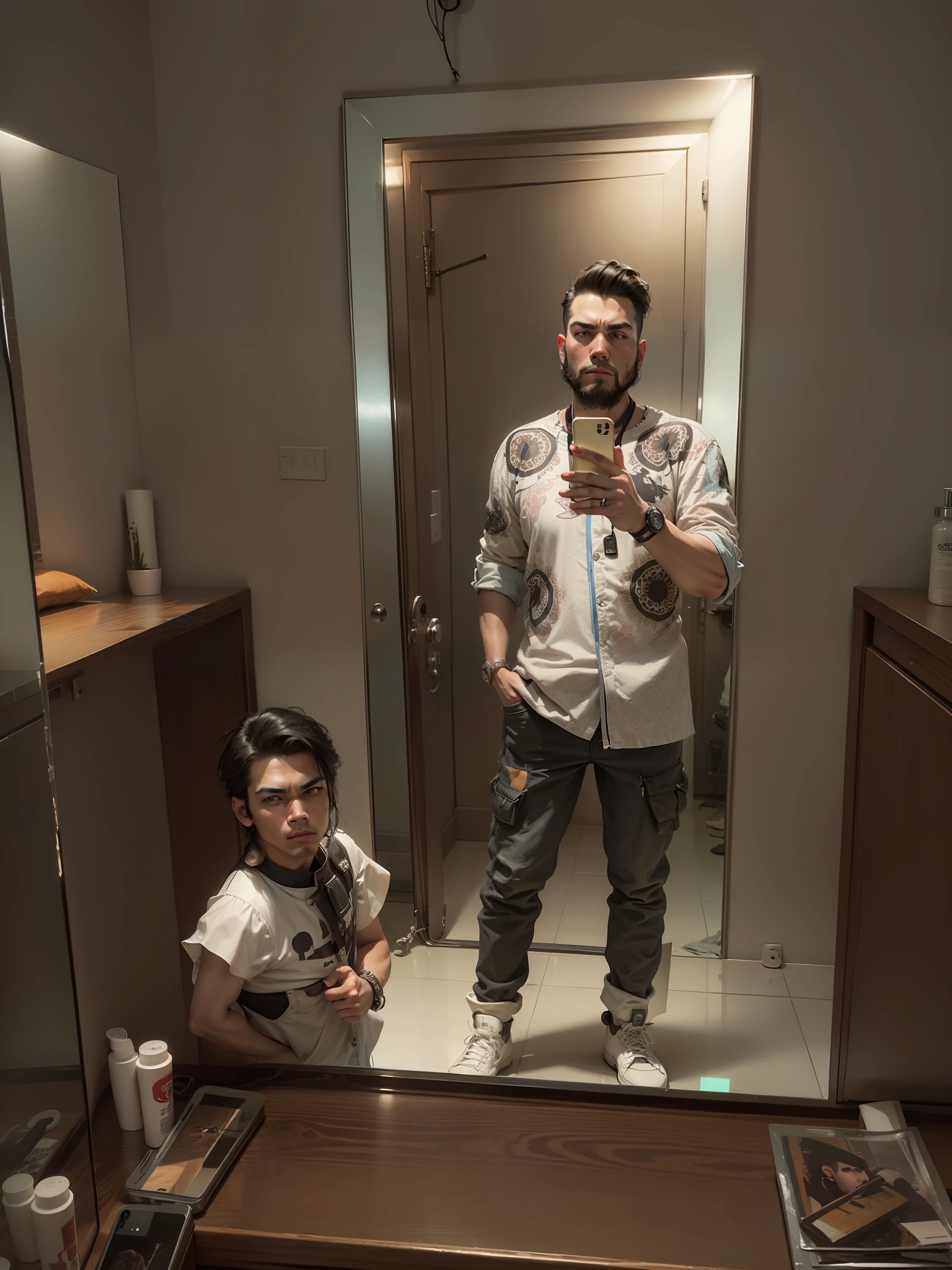 Exact realistic face, mirror selfie, man in attitude