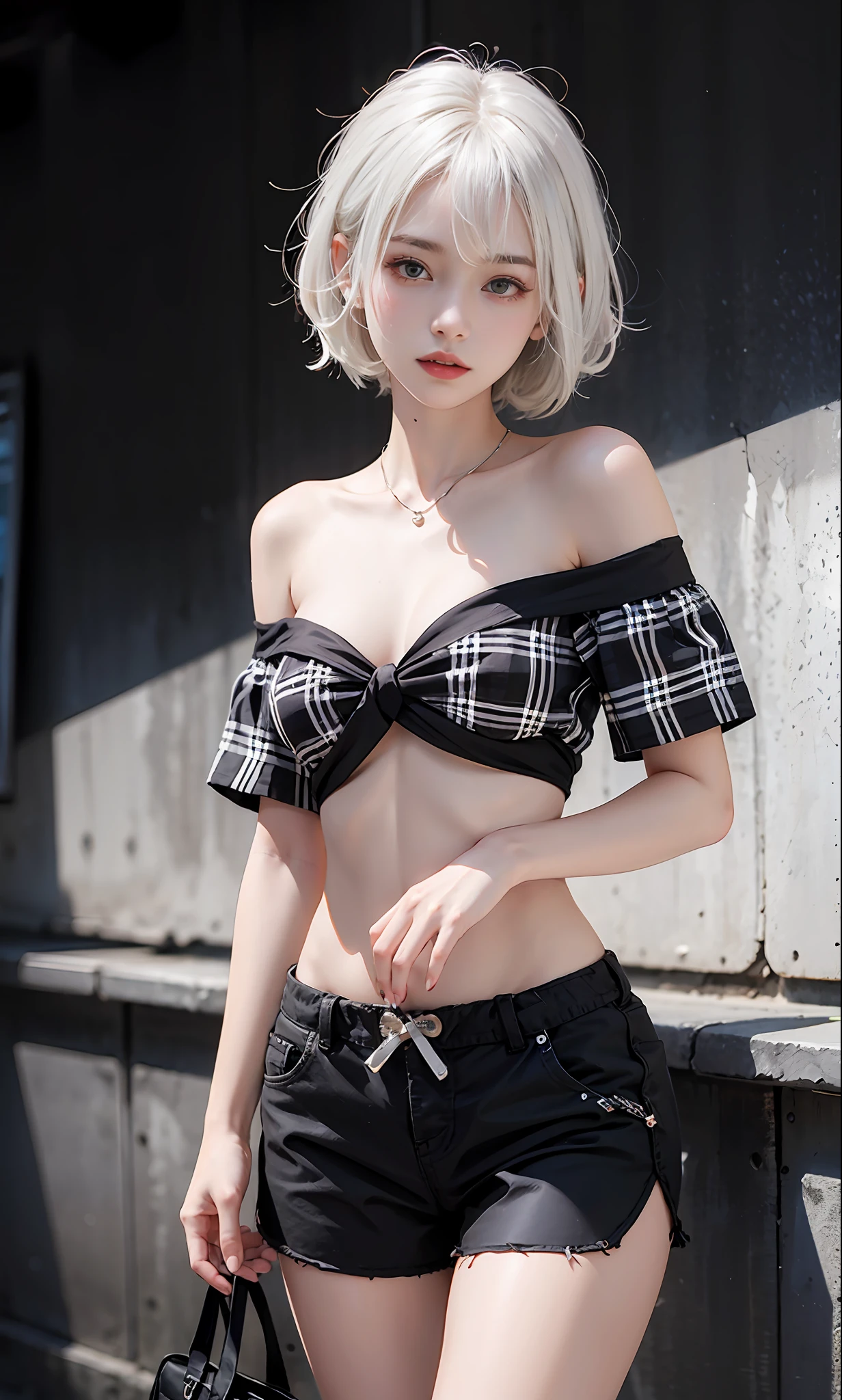 24 years old female model,a matural female,White colored hair,Off-the-shoulder black and white plaid slip top,Black shorts fabric,Particularly bright light,Fairy hairstyle,Cover your chest with your left hand,The body is tilted to the right,Is bowing right hand on waist
