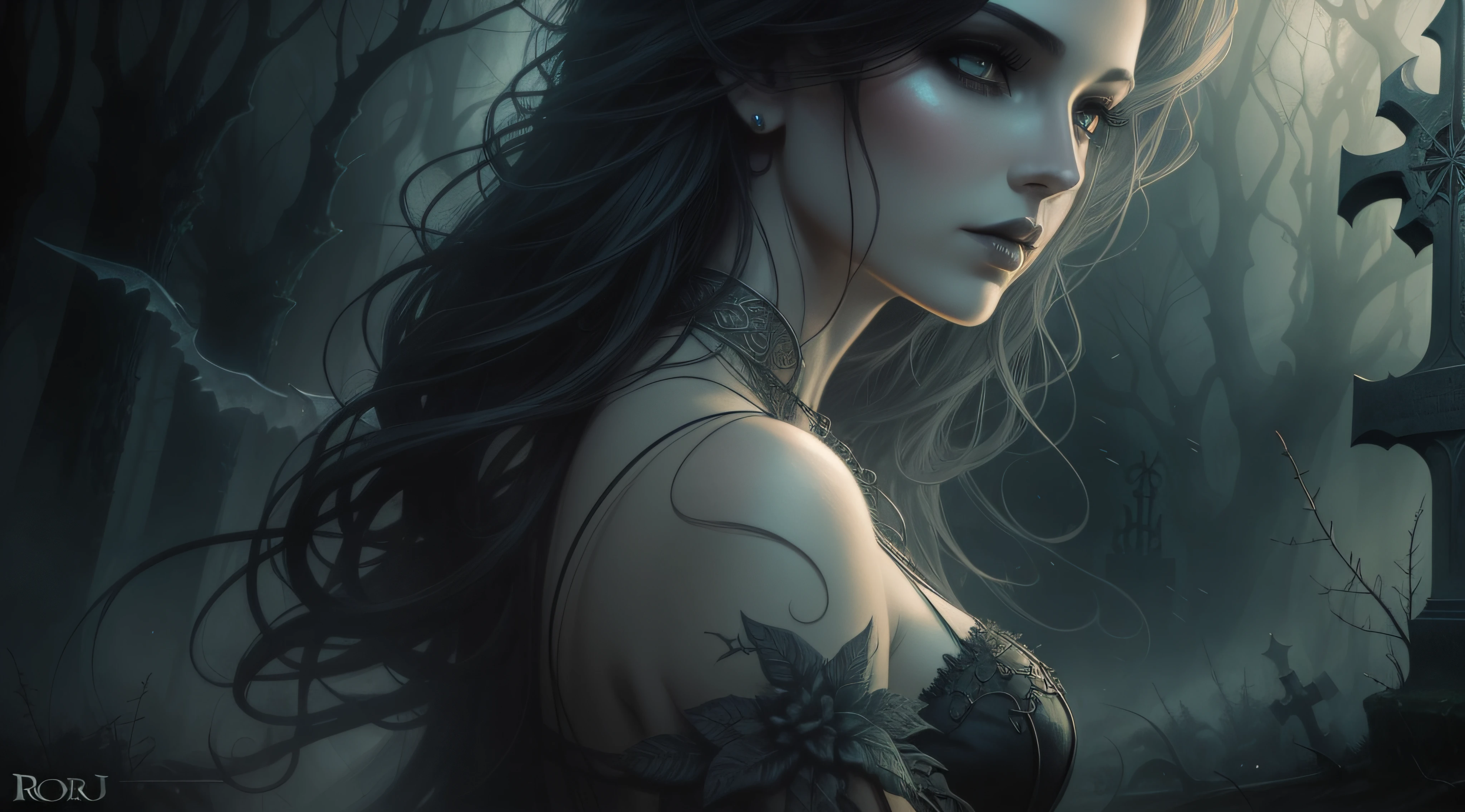 woman, close up, goth, ethereal mist, Royo, backlit, graveyard in background, fantasy concept art