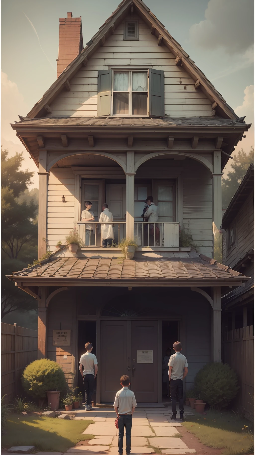 5 boys standing in front of a haunted house, looking at the house, shockingly.
