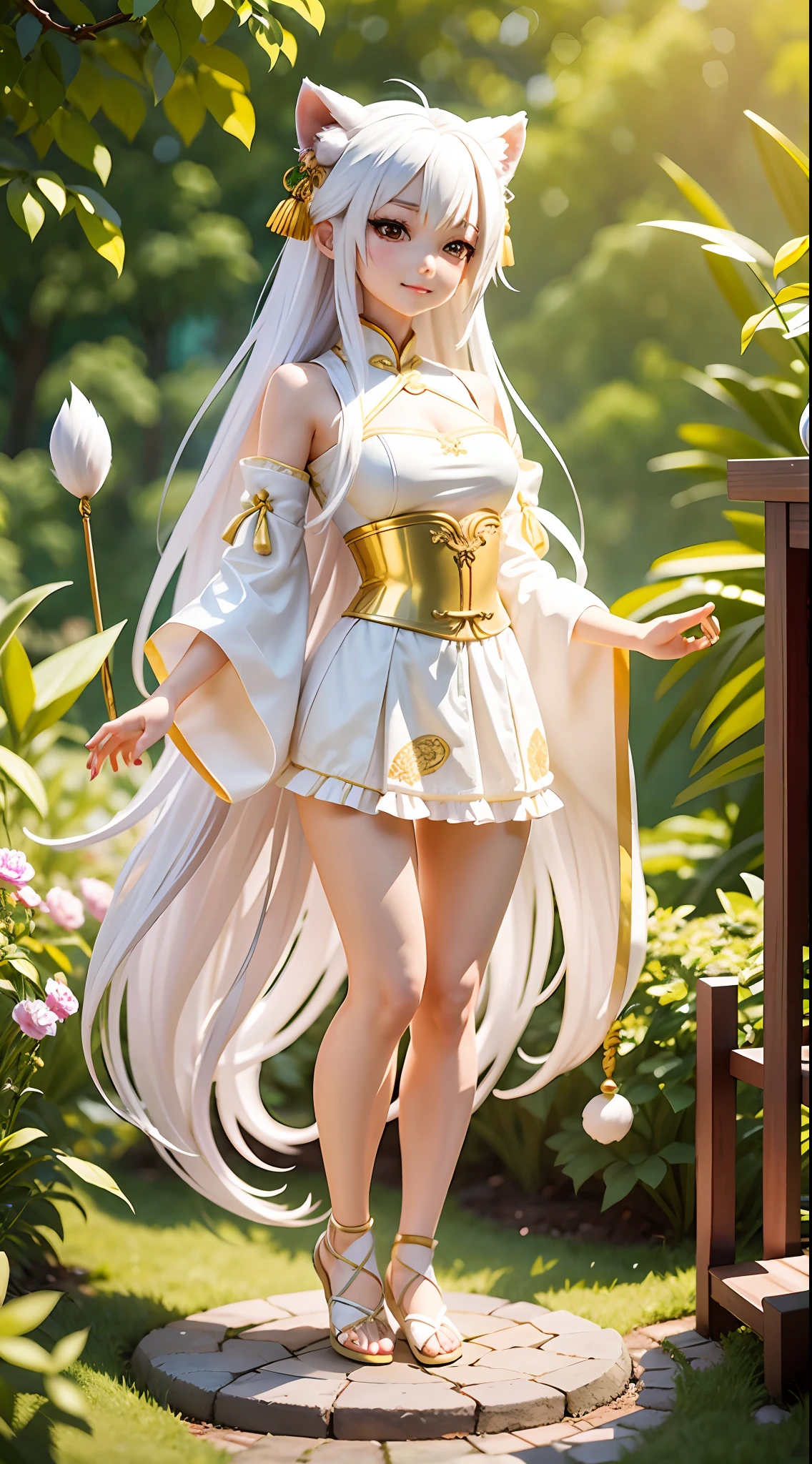 chinesedragon，Morning sun，White hair all over，The toes are golden，White lion tail，hairy pubic，Fluffy，Gradient color（（best qualtiy）），（（tmasterpiece）），（Cartoon Q version），（The is very detailed，Supreme detail，offcial art，Beauty and aesthetics：1.2），depth of fields，Composition full body，（tchibi），（美丽细致的眼睛：1.3），（extremely happy：1）