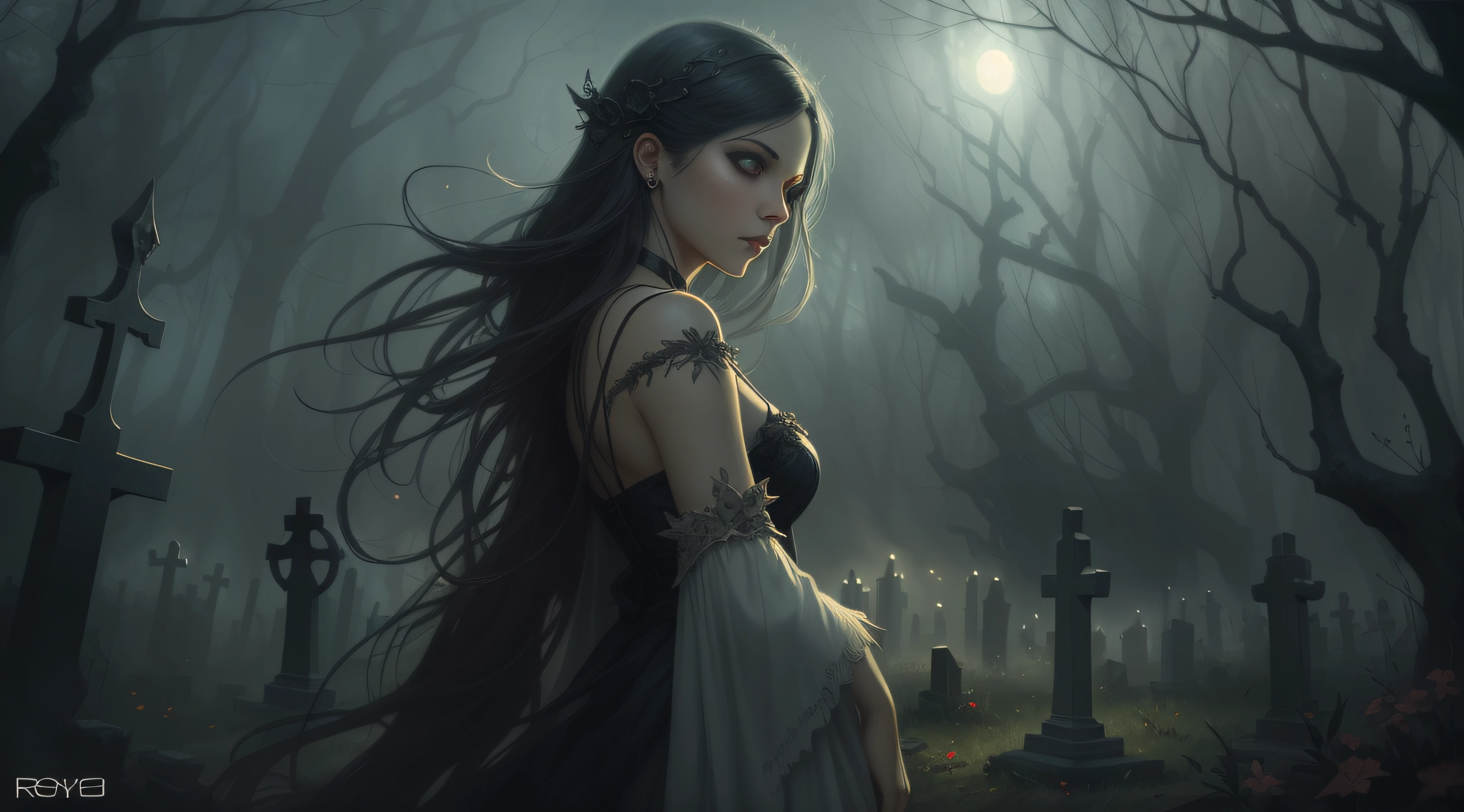 woman, close up, goth, ethereal mist, Royo, backlit, graveyard in background, fantasy concept art