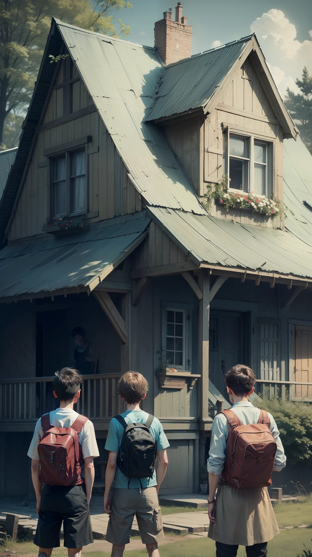 5 boys standing in front of a haunted house, looking at the house, shockingly.