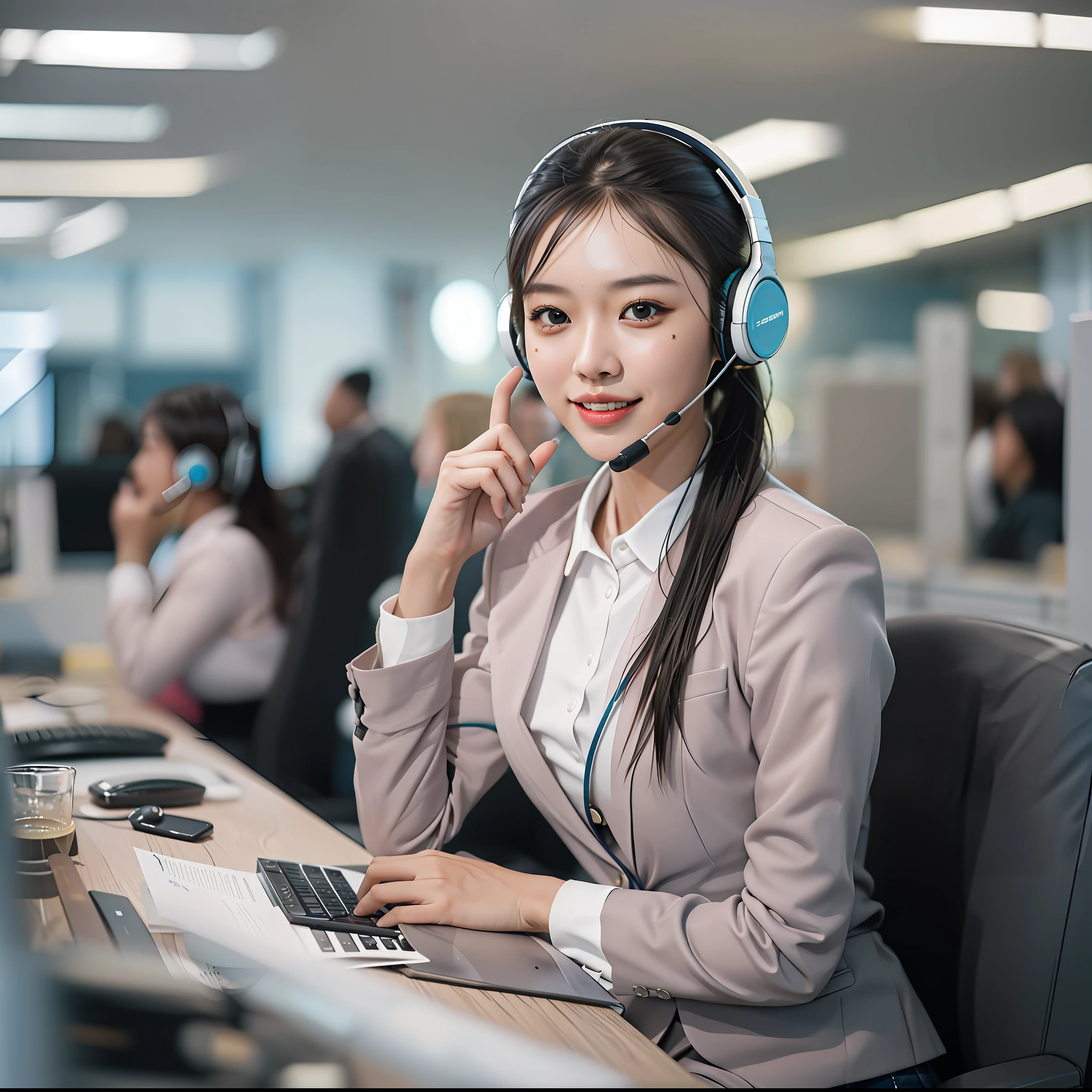 younger female, (Customer service using headphones), Asian people, Perfect skin details, ssmile, high ponytails, long whitr hair, Business suit, short  skirt, The upper part of the body, Look directly at the viewer, inside in room, call centre, Elegant and professional, In the daytime, downy, edge lit , Background bokeh, 16:9 frames, 中景 the scene is, Flat viewing angle, SENSE OF CINEMA