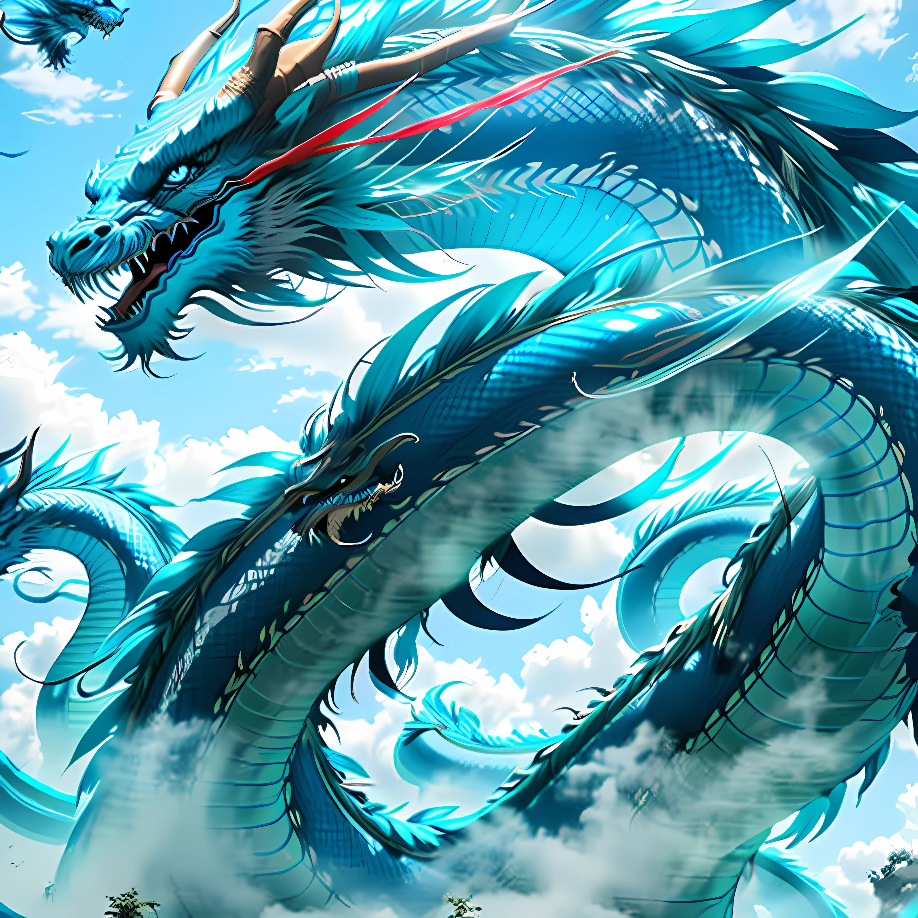 In the sky, there is a cyan Chinese dragon, flying, with energy flow, sharp teeth, frontal, 4K, super detail,