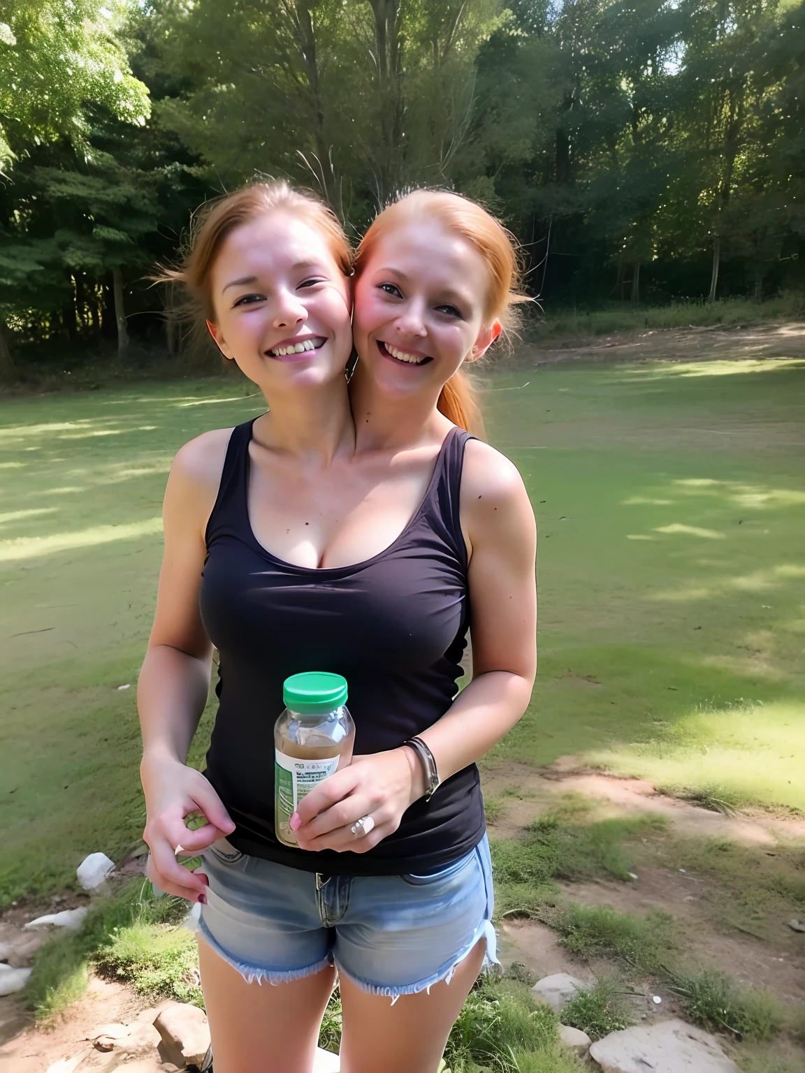 2heads, two headed girl, mom and daughter, (one is younger:1.5), (one torso:1.5), (female:1.5), (redhead:1.4), (ager:1.4), (caucasian:1.5), (two heads on one body:1.4), conjoined twins, heads side by side, one torso, young, uncomfortable, barefoot