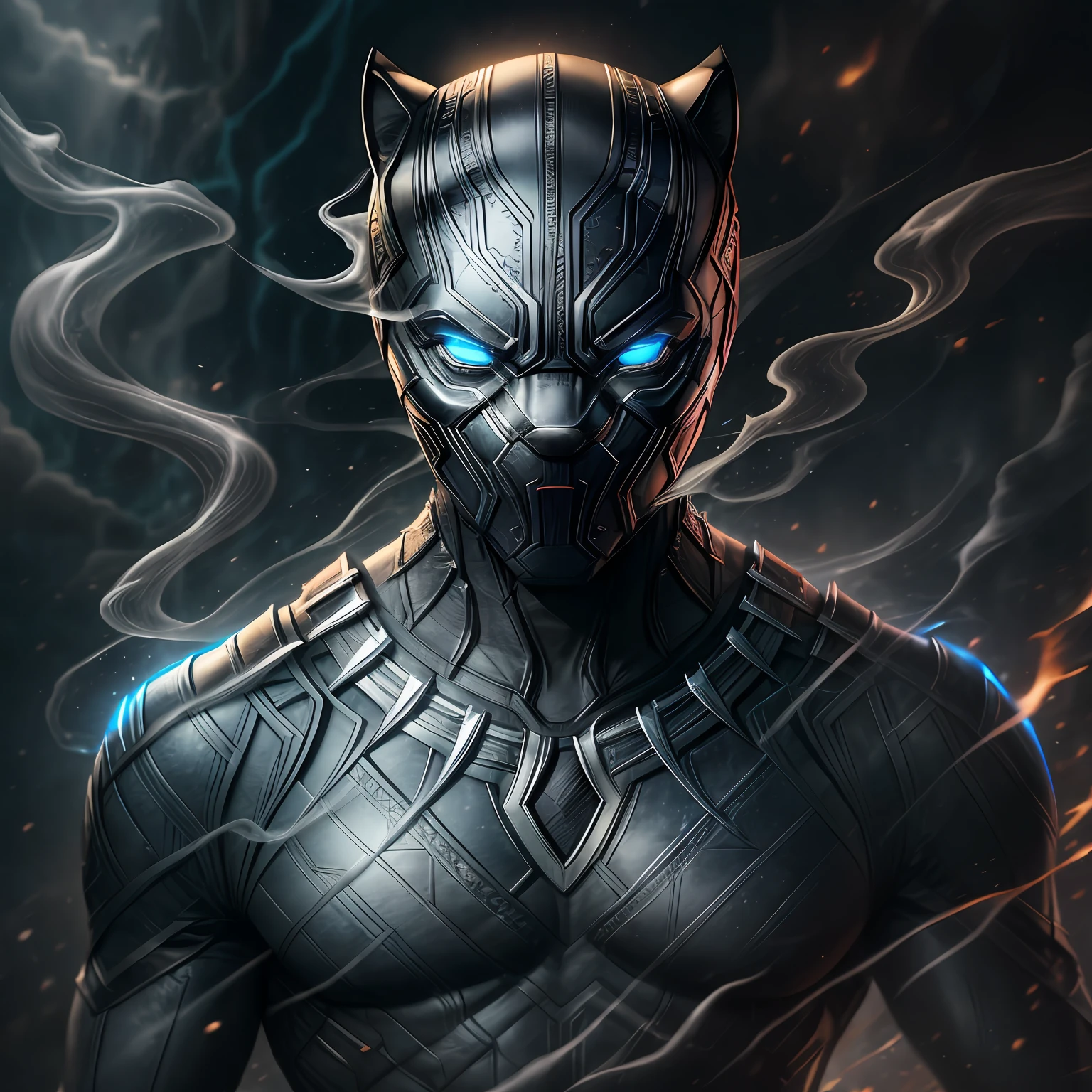 close up, Black Panther из Marvel Comics, Ghost, Dark, gotik, 3d, Ultra Detailed, blue transparent smoke around, realistic style, Old Night Pond, full - body,