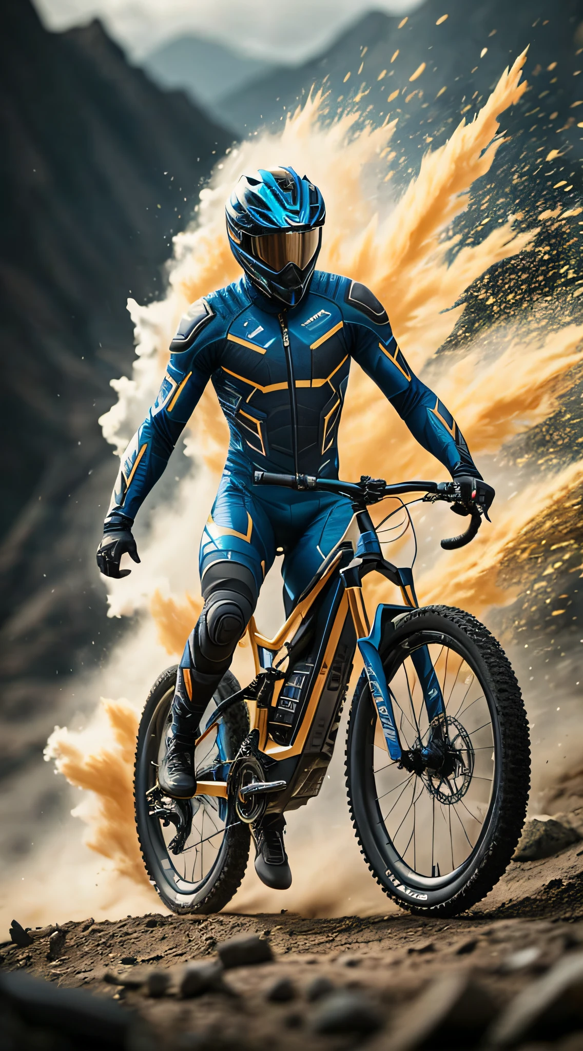 Close-up of a person riding a bicycle on a dirt road, HEV suit, مسبك Mountain biking, Daniel Midman Octane Presentation, Action Sports, Futuristic clothes and helmet, 3D Octane Cycle Unreal Engine 5, 3 D Cycle Octane Unreal Drive 5, High octane rendering, Blue gold suit, 3D High Octane Rendering, Man in a dark blue full body suit