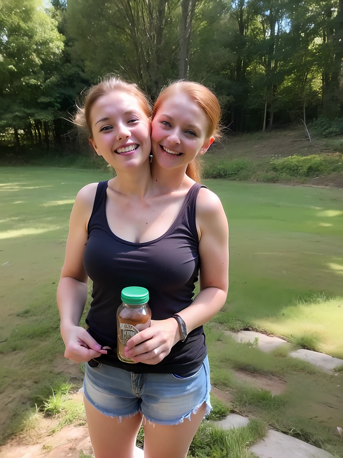 2heads, two headed girl, mom and daughter, (one is younger:1.5), (one torso:1.5), (female:1.5), (redhead:1.4), (ager:1.4), (caucasian:1.5), (two heads on one body:1.4), conjoined twins, heads side by side, one torso, young, uncomfortable, barefoot