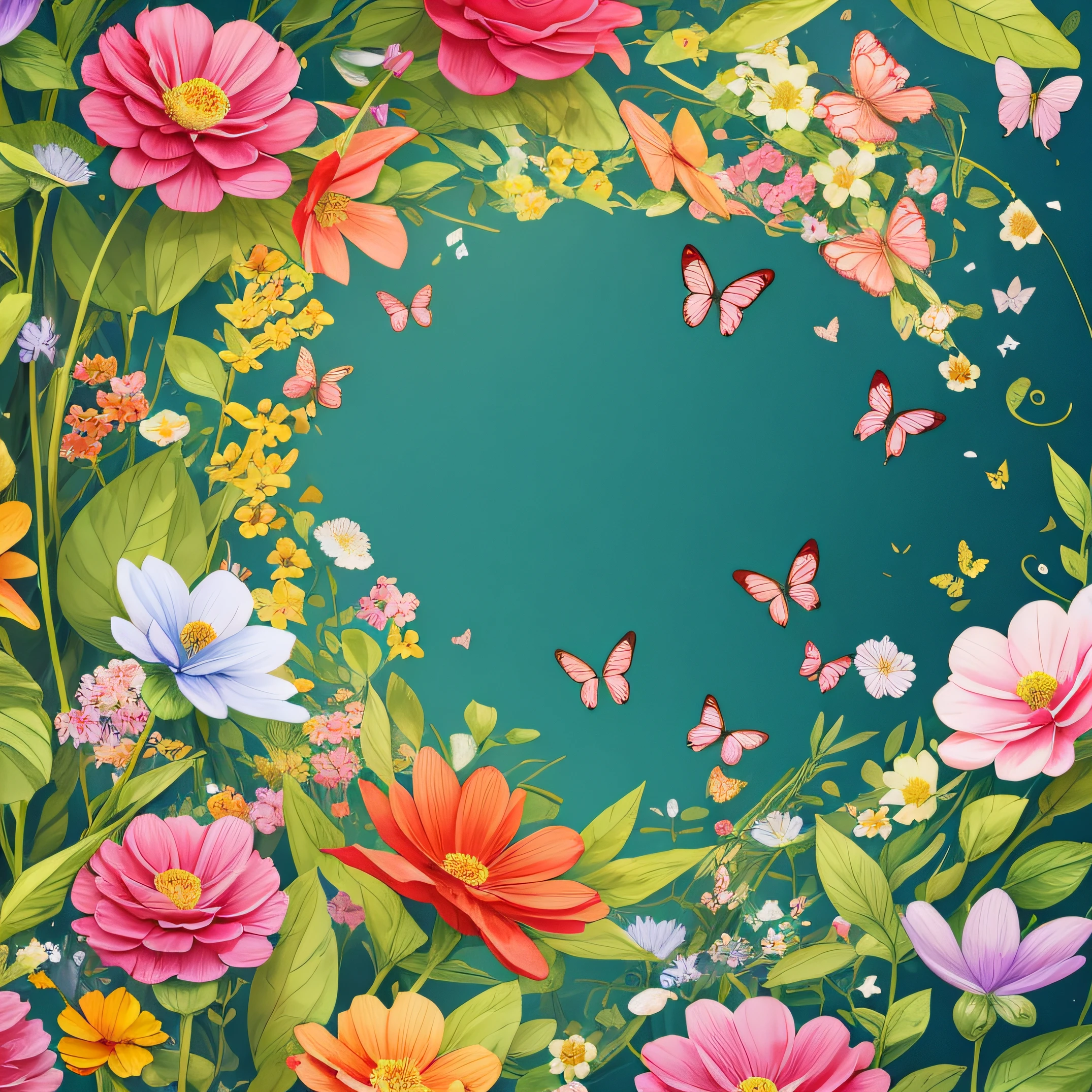 Flower foreground，Butterflies surround，Illustration style，China-style ，transparent background