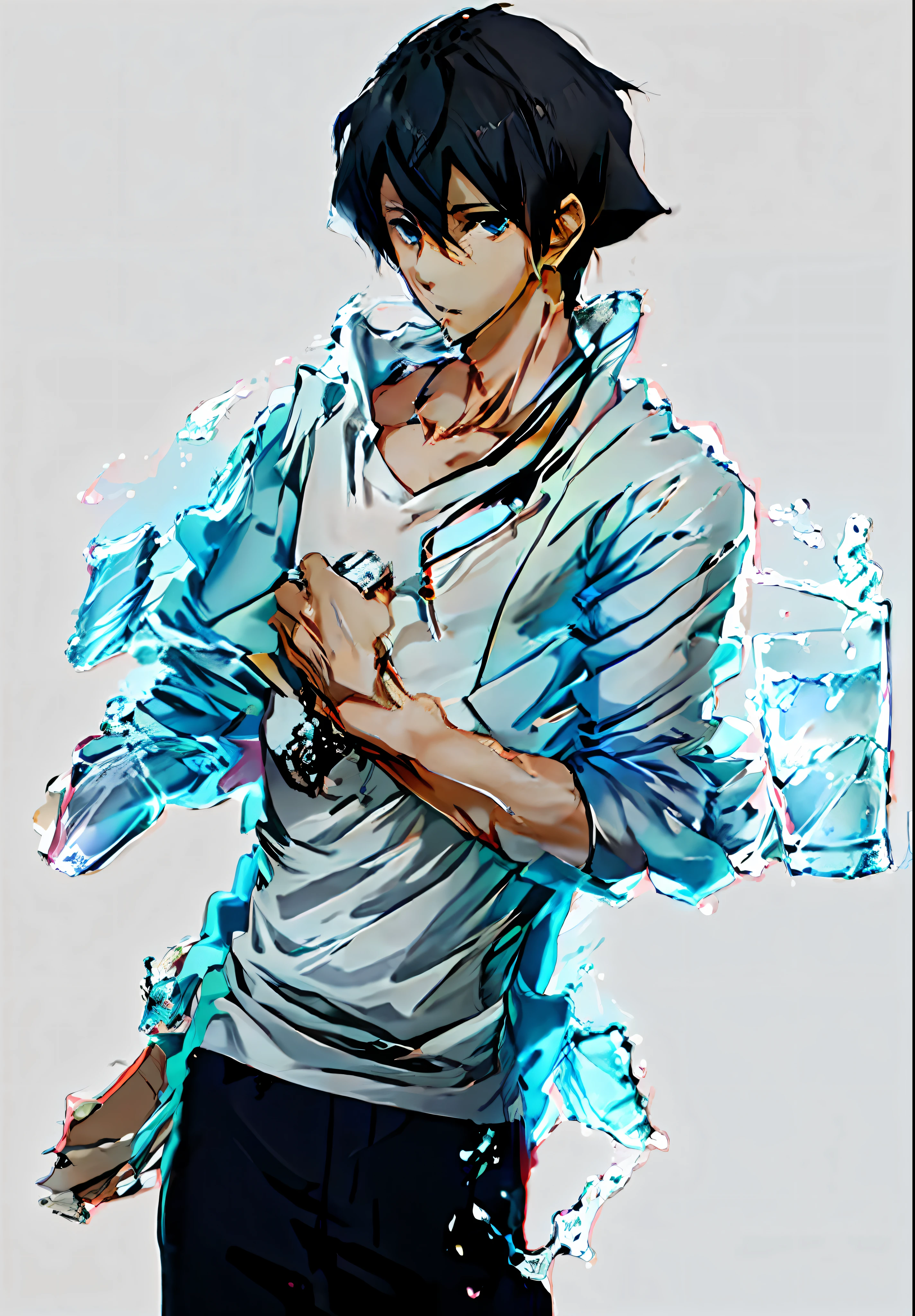 Anime boy holding a glass of water and a cell phone, conrad roset and makoto shinkai, holding a drink, author:Middle Bokuhn, author:Kiyochika Kobayashi, drinking a drink, kentaro miura manga art style, Tall anime guy with blue eyes, Makoto shinkai style, full body potrait holding bottle