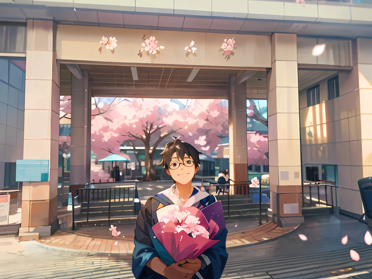 There was a boy standing outside a building，There are cherry blossoms in the museum，holds a bouquet of flowers，graduation photo，wearing an academic gown，The face is soft，wears glasses，Small round face，ssmile，Estilo de Makoto Shinkai，the cherry trees，There are no words