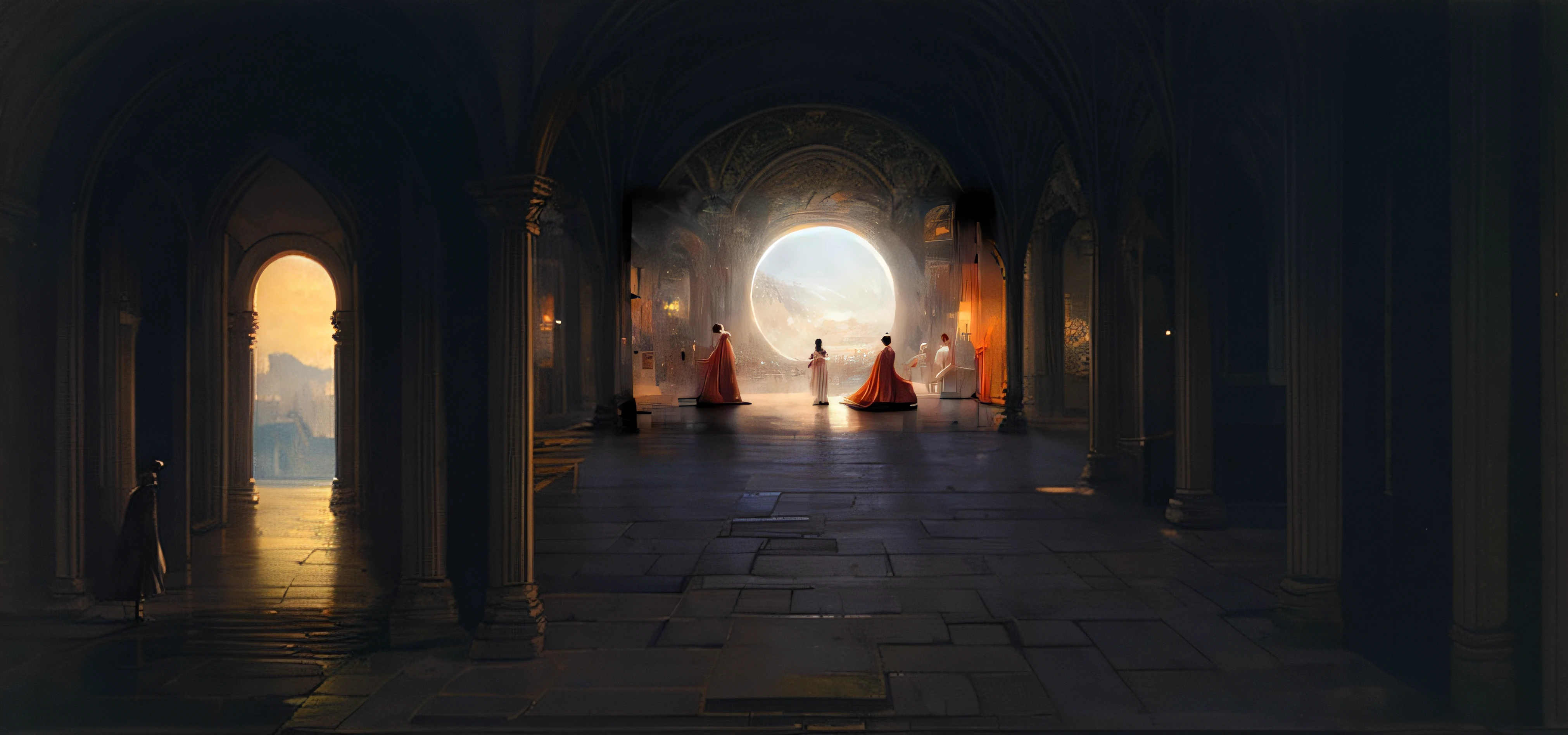 Man in dress standing in front of a big circle々Group of, Jean - Léon Jérôme, Jean-Léon Gérôme, Jean-Léon Gérôme, Marc Simonetti's style, Marc Simonetti. Convoluted, world seen only through a portal, paul lehr and beeple, syd mead and raphael lacoste, michael whelan and gustave dore