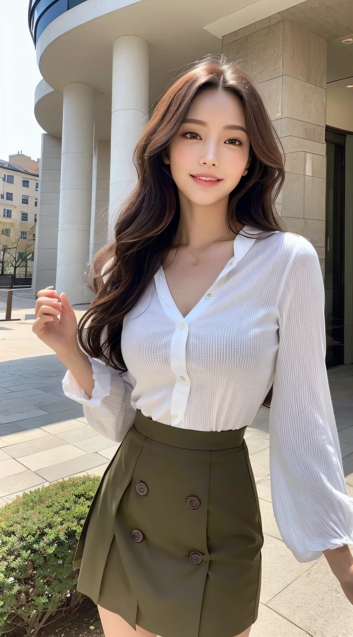 (best qualtiy,A high resolution,tmasterpiece:1.3),A tall and beautiful woman,Slender abs,Dark brown hair in loose wavy styling,nedium breasts,white button-down blouse,a black pleated skirt,(Modern architecture in background),The details in the facial and skin textures are beautifully rendered,Detailed eyes,二重まぶた,Natural eyes,ssmile