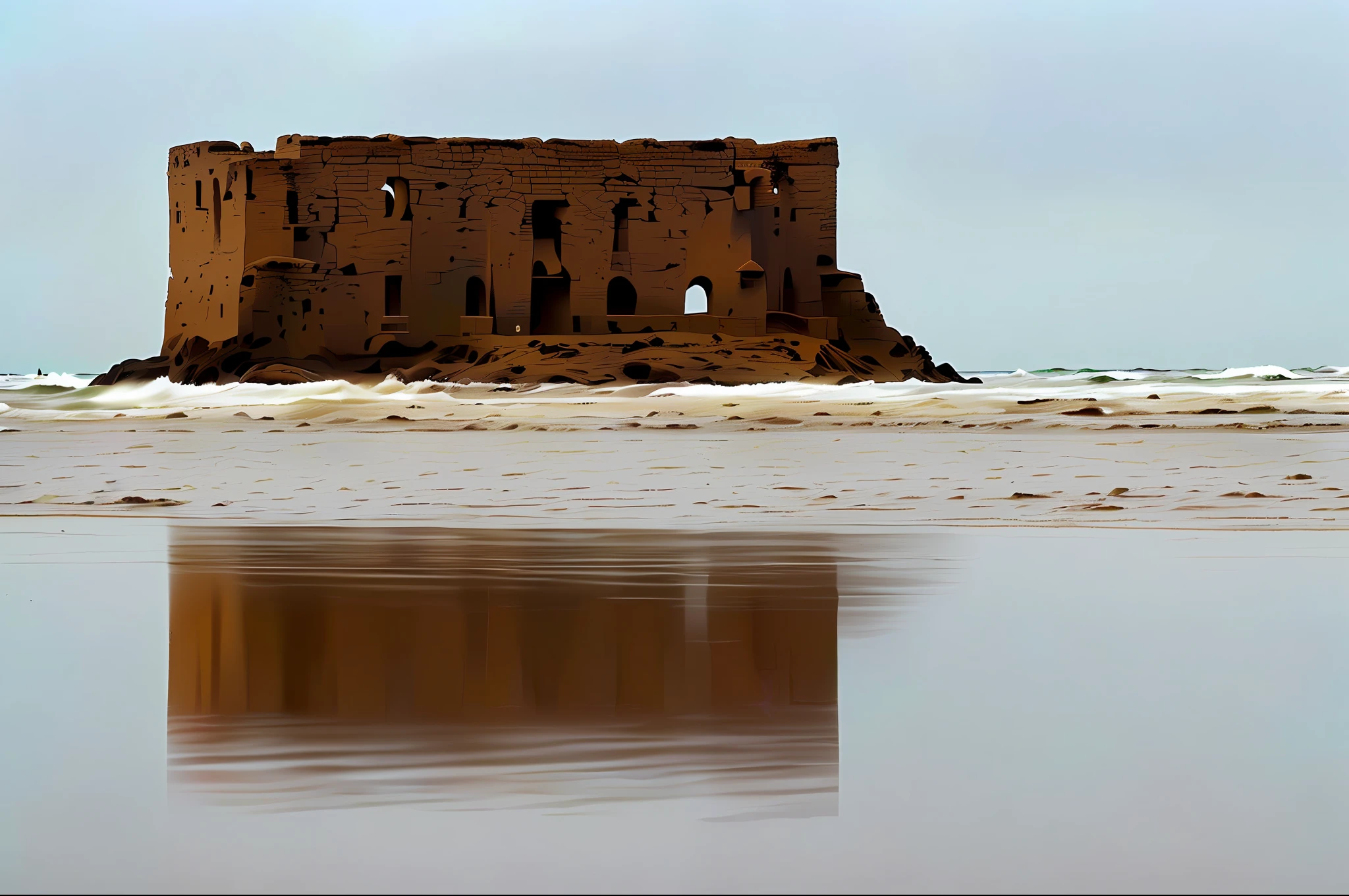 there is a small building on the beach with a reflection in the water, viewed in profile from far away, historical setting, castle, by Ibrahim Kodra, submerged pre - incan temple, scarry castle)). mystical, flooded ancient tower, by Robert Brackman, viewed from afar, shot from afar, half submerged in heavy sand