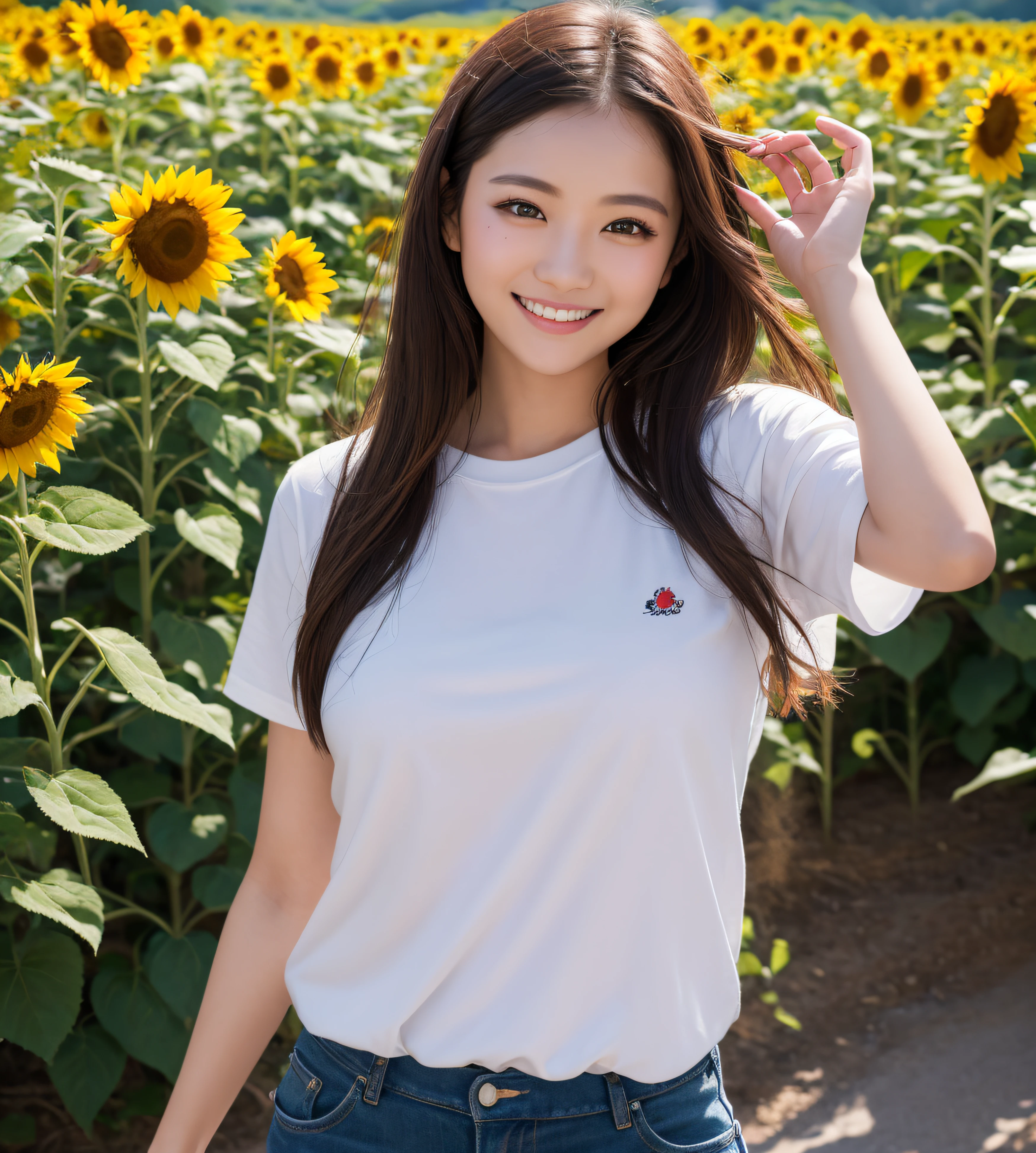 (tmasterpiece、beste-Qualit:1.2)、ultra hyper-detailed、lighting like a movie、（（1 beutiful girl））、a smile、body complet、shirts、summer vacation、a country road、Sunflower field、135mm f/1.8、Dynamic Poses、Dynamic angles