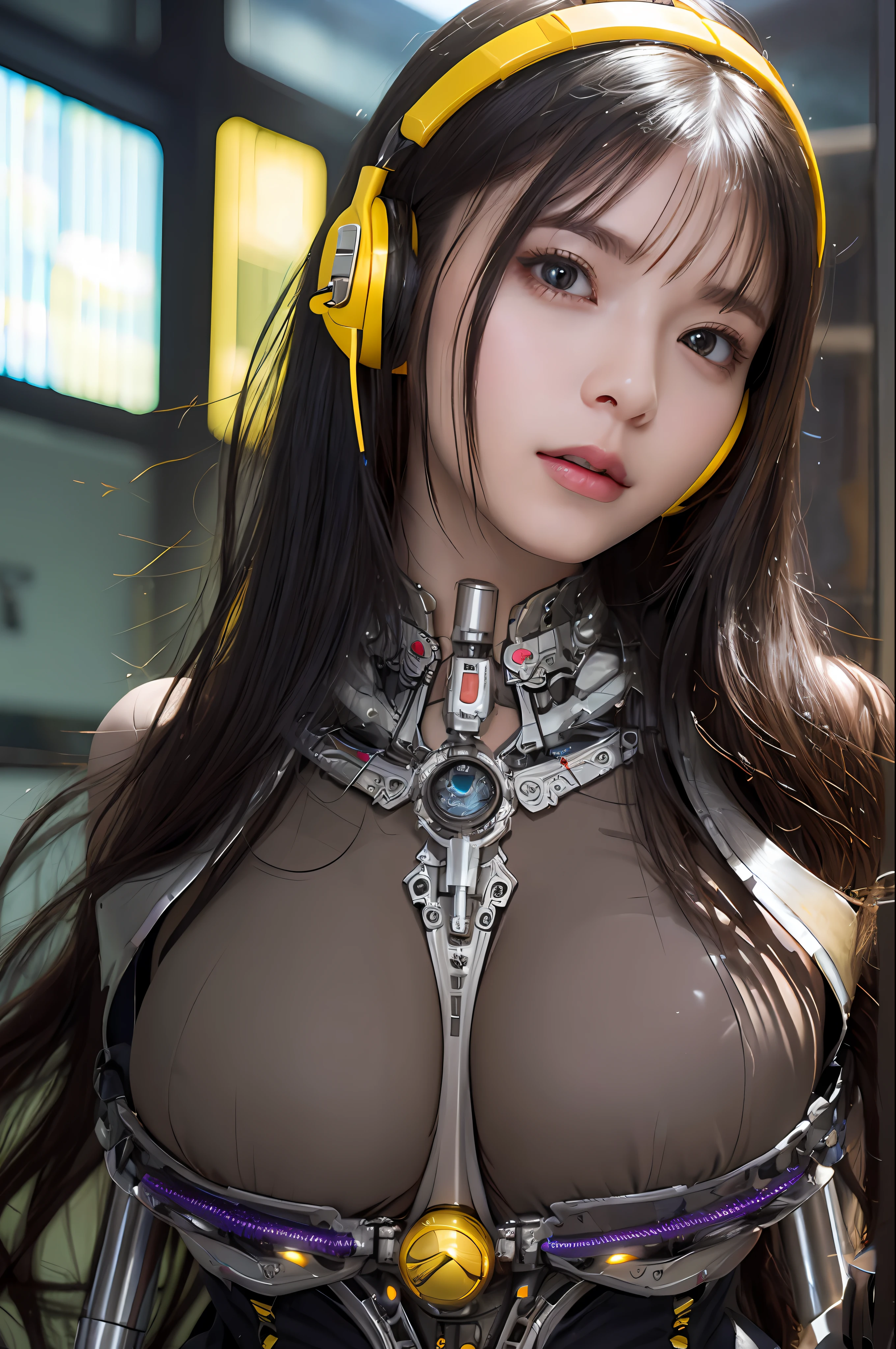 top-quality、masterpiece、超A high resolution、(Photorealsitic:1.4)、Raw photo、Black hair、glowy skin、1 Cyborg Girl、((super realistic details))、portlate、Global Illumination、Shadow、octan render、8K、ultrasharp、Colossal tits、Raw skin is exposed in cleavage、Bionic Cyborg Girl、Black fiberglass body、Details of intricate ornaments of golden color、Insect specifics、Biological curve form、Golden hydraulic cylinder、highly intricate detail、Realistic light、CGSoation Trends、a purple eye、radiant eyes、Facing the camera、neon details、blood vessels connected to tubes、Mechanical vertebrae attached to the back、mechanical cervical attaching to neck、sitting on、Wires and cables connecting to the head、Gorgeous headset、Glowing LED lamp、The background is a steampunk room、