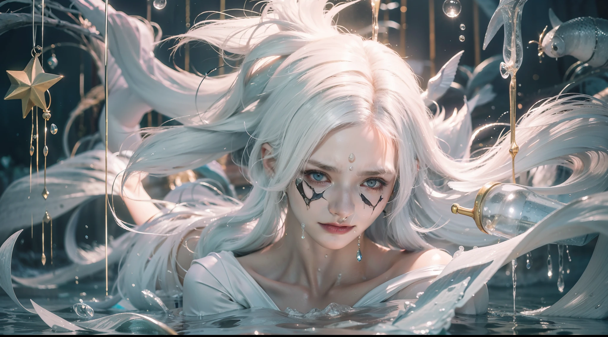 ,Dressed in white,White-haired woman with blistered skin,Under the water,Under the water, ,,Because his face is already swollen and rotten,(deep in the night)(starrysky)(Water magic)(uncanny)