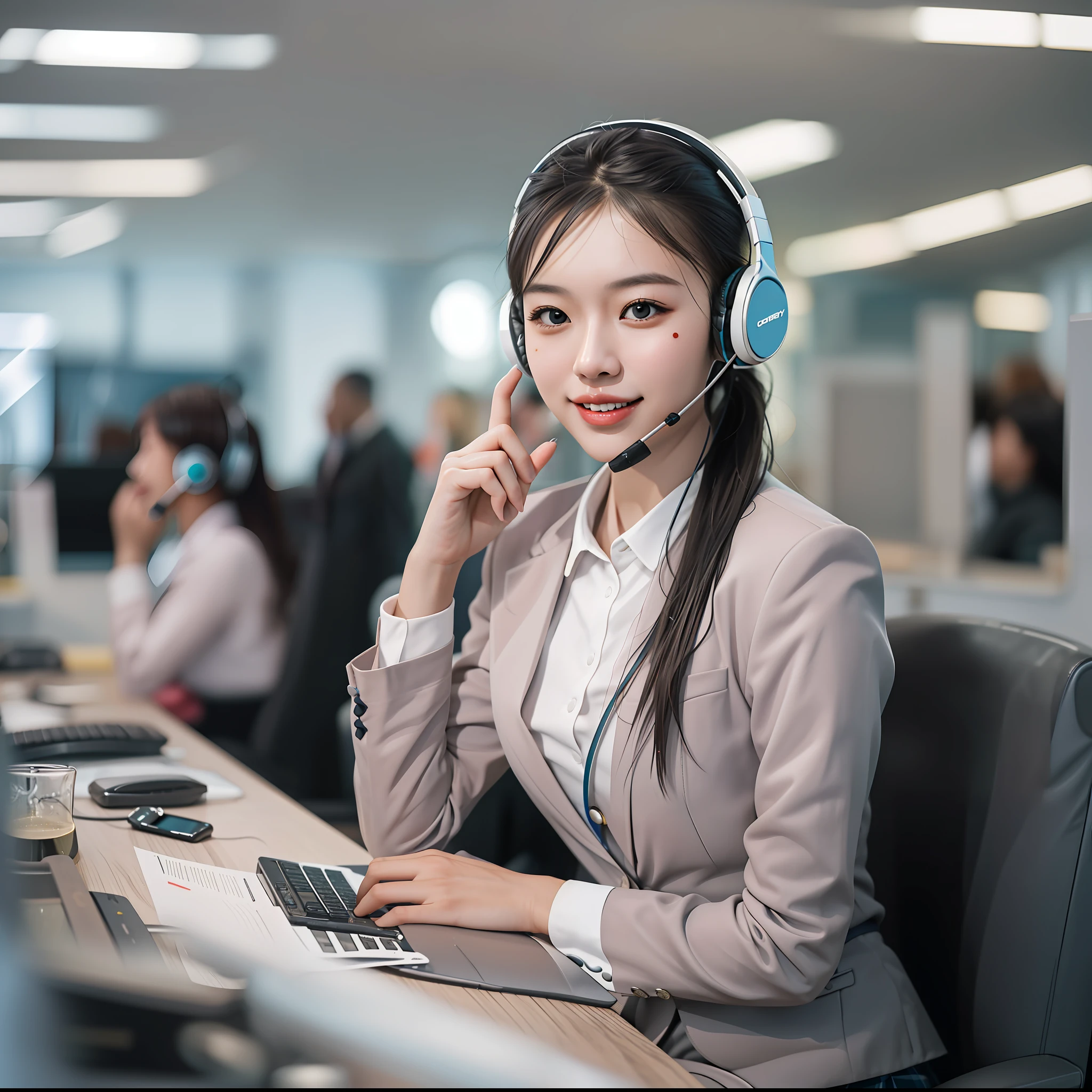 younger female, (Customer service using headphones), Asian people, Perfect skin details, ssmile, high ponytails, long whitr hair, Business suit, short  skirt, The upper part of the body, Look directly at the viewer, inside in room, call centre, Elegant and professional, In the daytime, downy, edge lit , Background bokeh, 16:9 frames, 中景 the scene is, Flat viewing angle, SENSE OF CINEMA