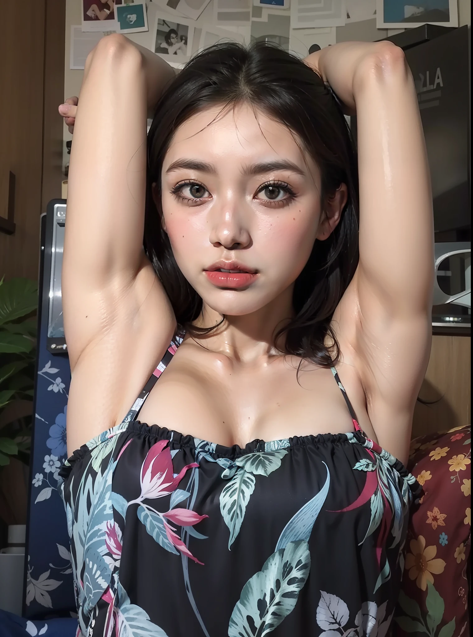 Hot exotic indonesian woman with arms strechcing and armpits exposed above her head.